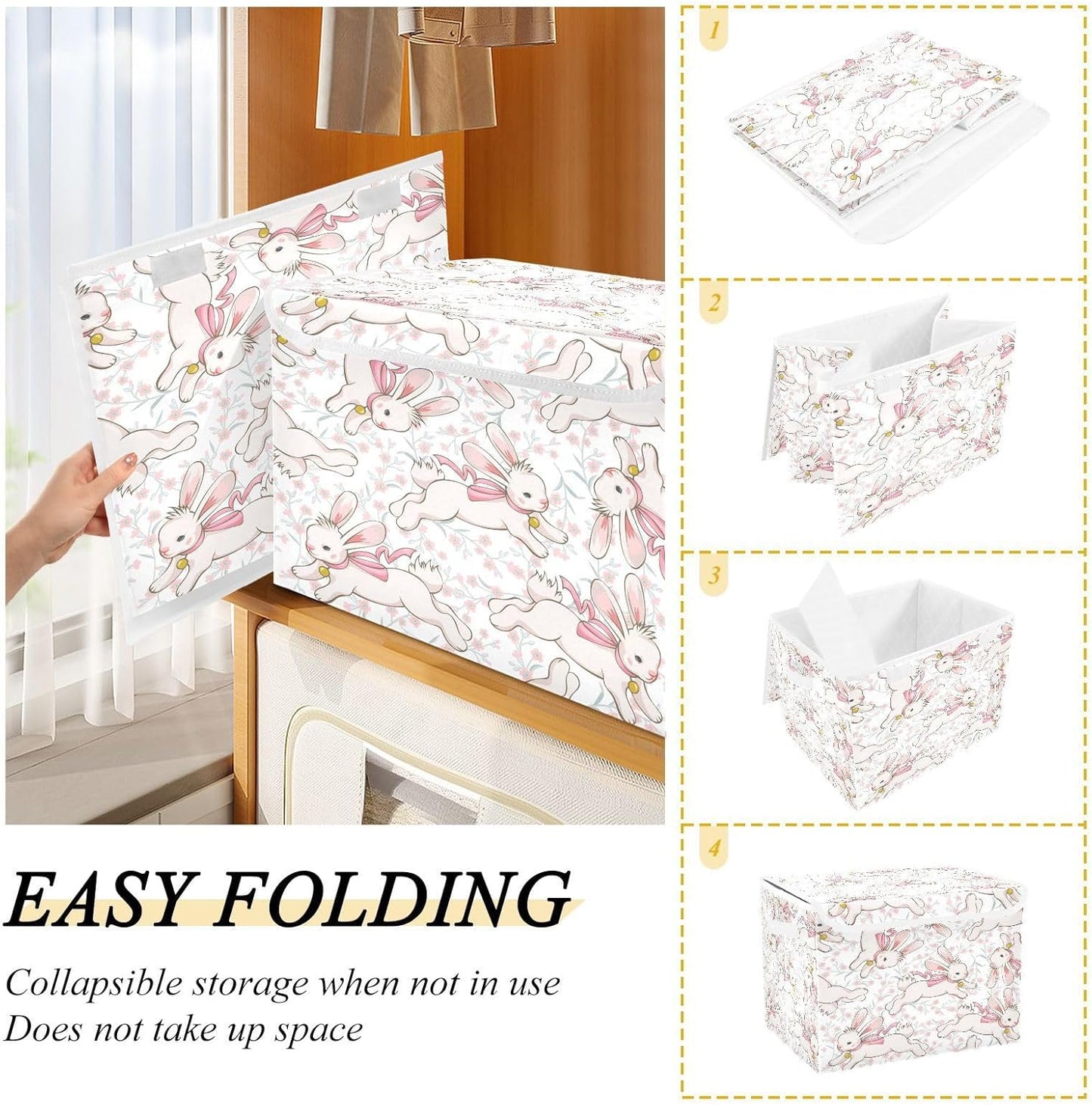 susiyo Cute Running Bunny fabric storage baskets with lids,Collapsible Storage Boxes,Foldable storage boxes with handles for Home,Office,Closet Organization