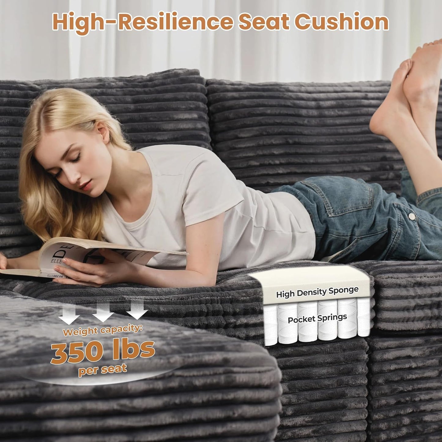 ovios Sectional Sofa Couch with U-Shape Chaise Ottomans, Comfy Modular Cloud Couches with Deep Seat, Modern Upholstered Plush Corduroy Sofas Set for Living Room, 6-Seater, Grey