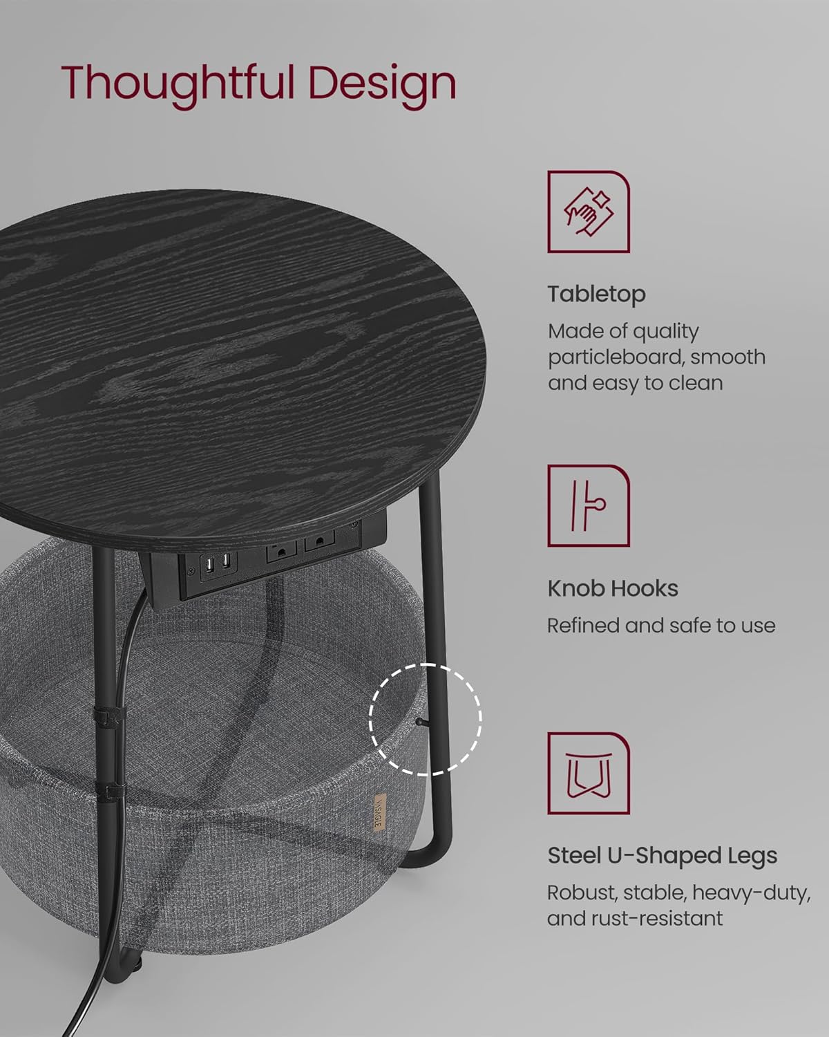 VASAGLE Side Table with Charging Station, Round End Table with Fabric Basket, Nightstand with Power Outlets, USB Ports, for Living Room, Bedroom, Modern, Ebony Black and Slate Gray ULET228B01