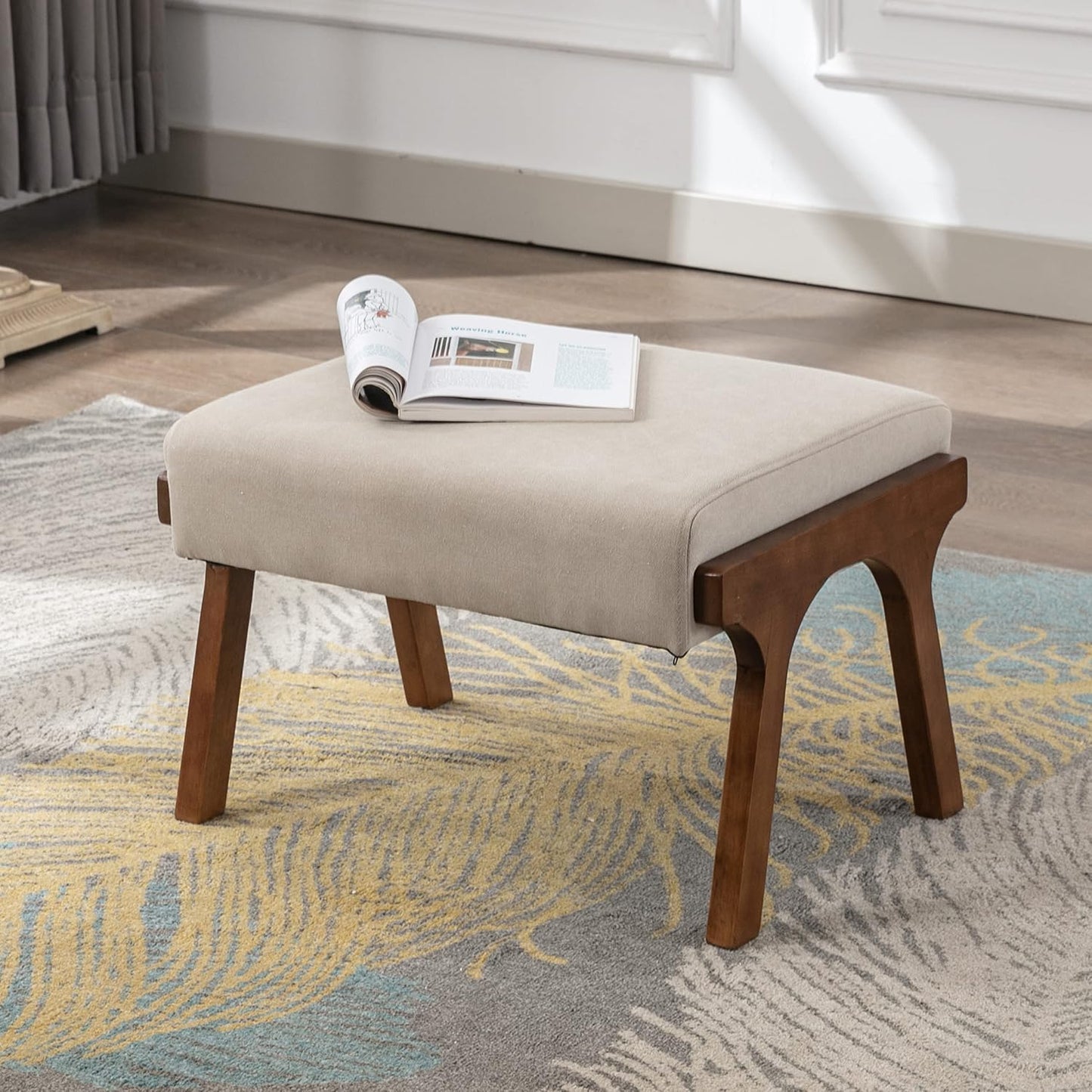 chairus Mid-Century Modern Accent Chair with Ottoman, Linen Fabric Armchair with Wood Legs Comfy Upholstered Single Sofa Chair for Living Room/Bedroom/Lounge, Beige