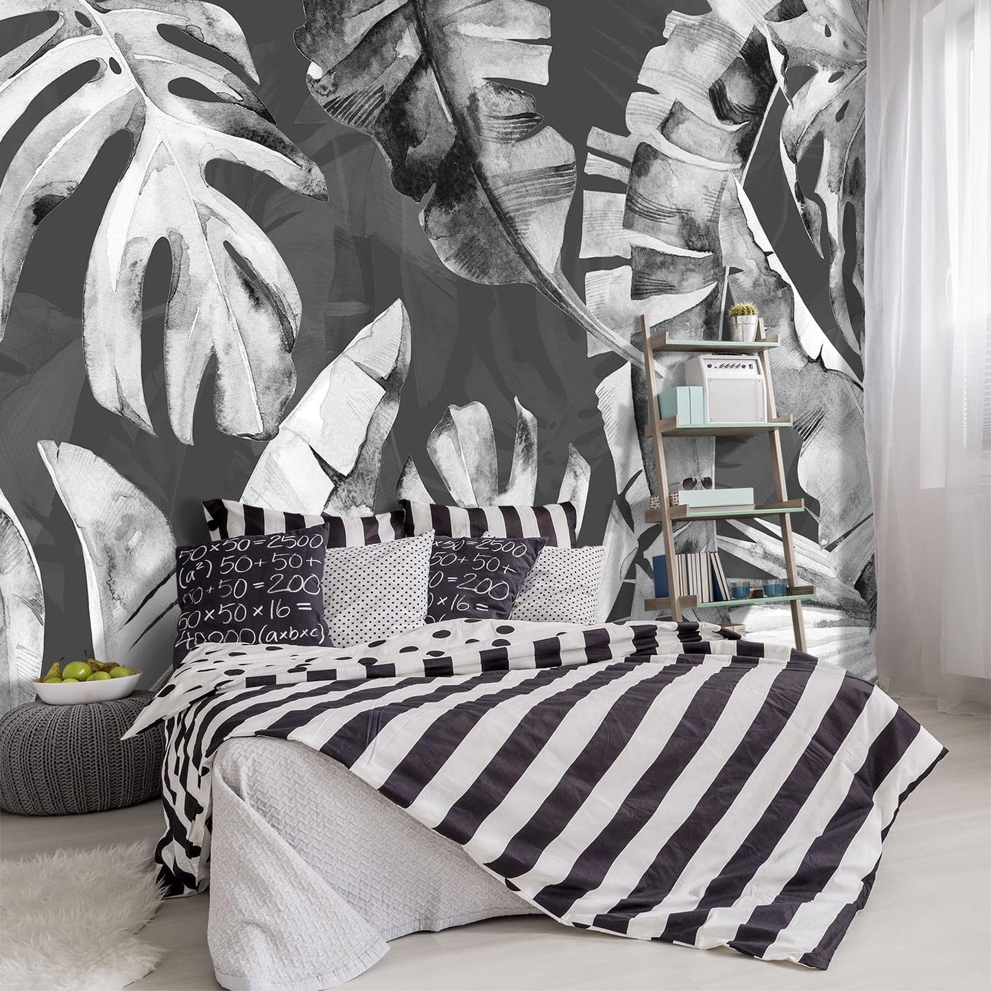 -Tropical Botanical Grey Banana Leaf Fabric Wallpaper Living Room Bedroom Bathroom Plant Large Wall Mural- 137"x96"( not Peel and Stick)