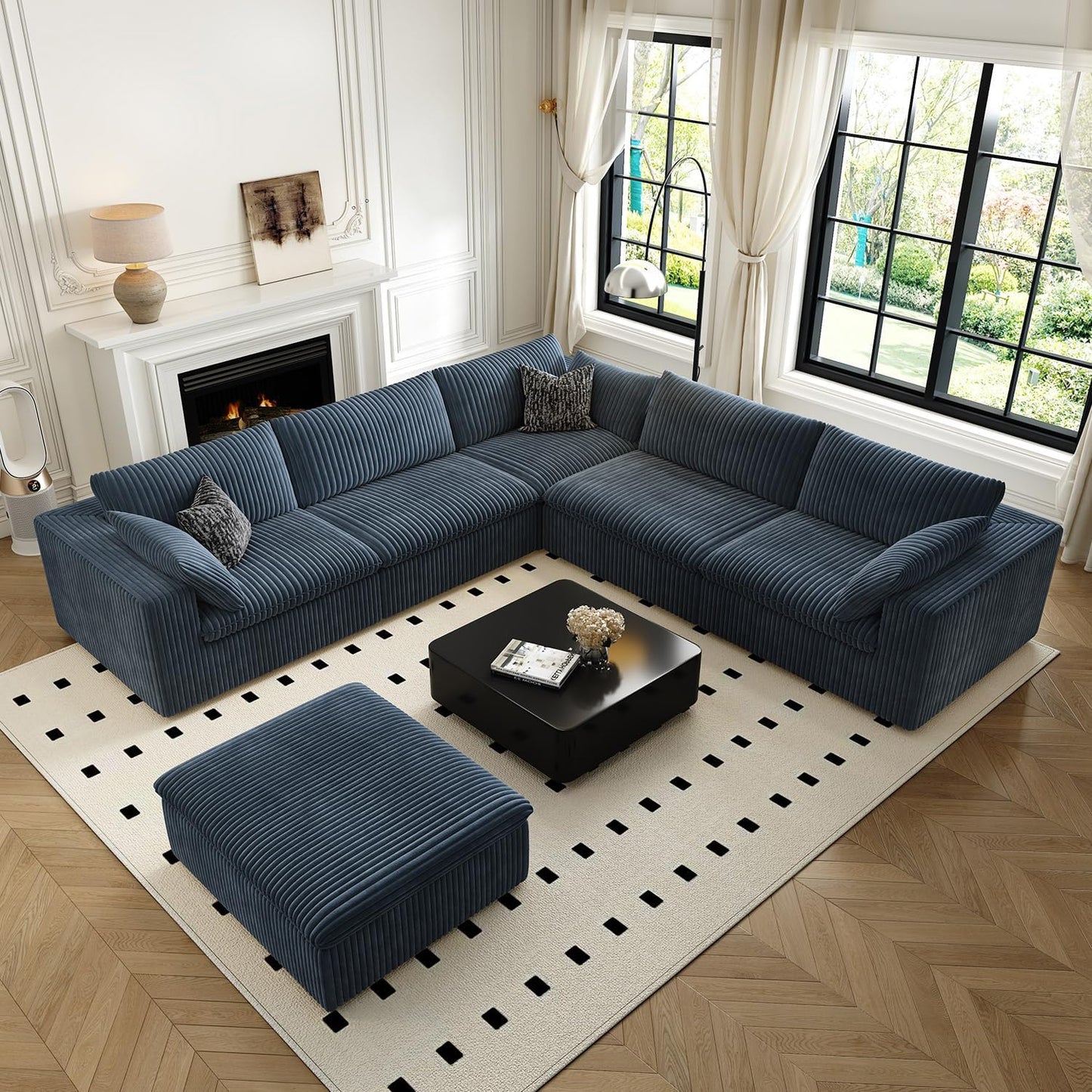 118" Cloud Couch Oversized Modular Sectional Sofa for Living Room,Modern Sofa with Deep Seat,6 Seater Boneless Couch,Comfy Upholstered Corduroy Couches for Apartment, Studio, Office,Bedroom,Blue