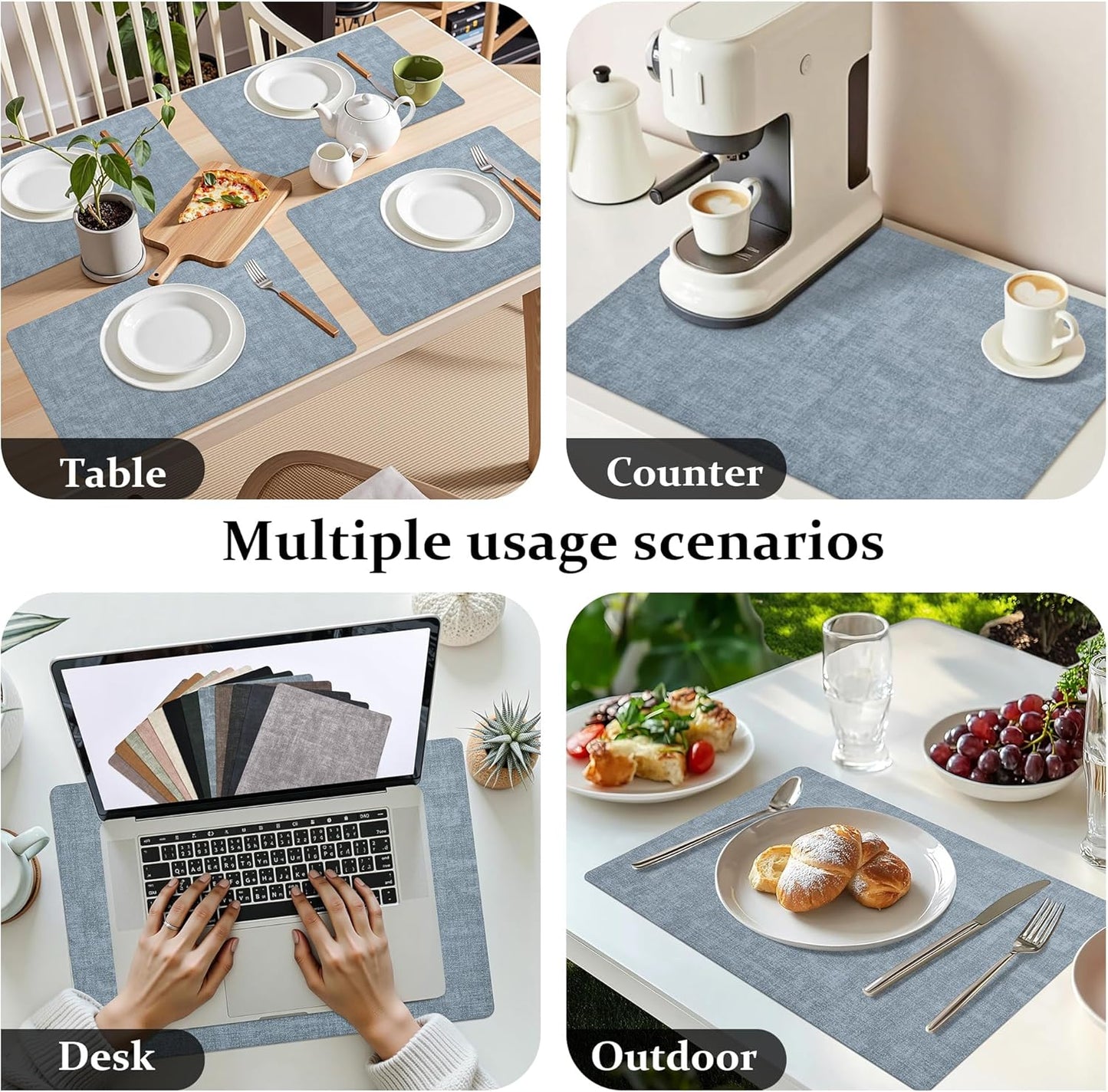 FROMHEART Faux Leather Placemats Set of 8–Waterproof,Heat/Oil Stain-Resistant PU Table Mat–Reversible,Non-Slip,Easy to Clean Place Mats for Kitchen,Dining,Indoor/Outdoor,(Light Blue,11.8" x 17")