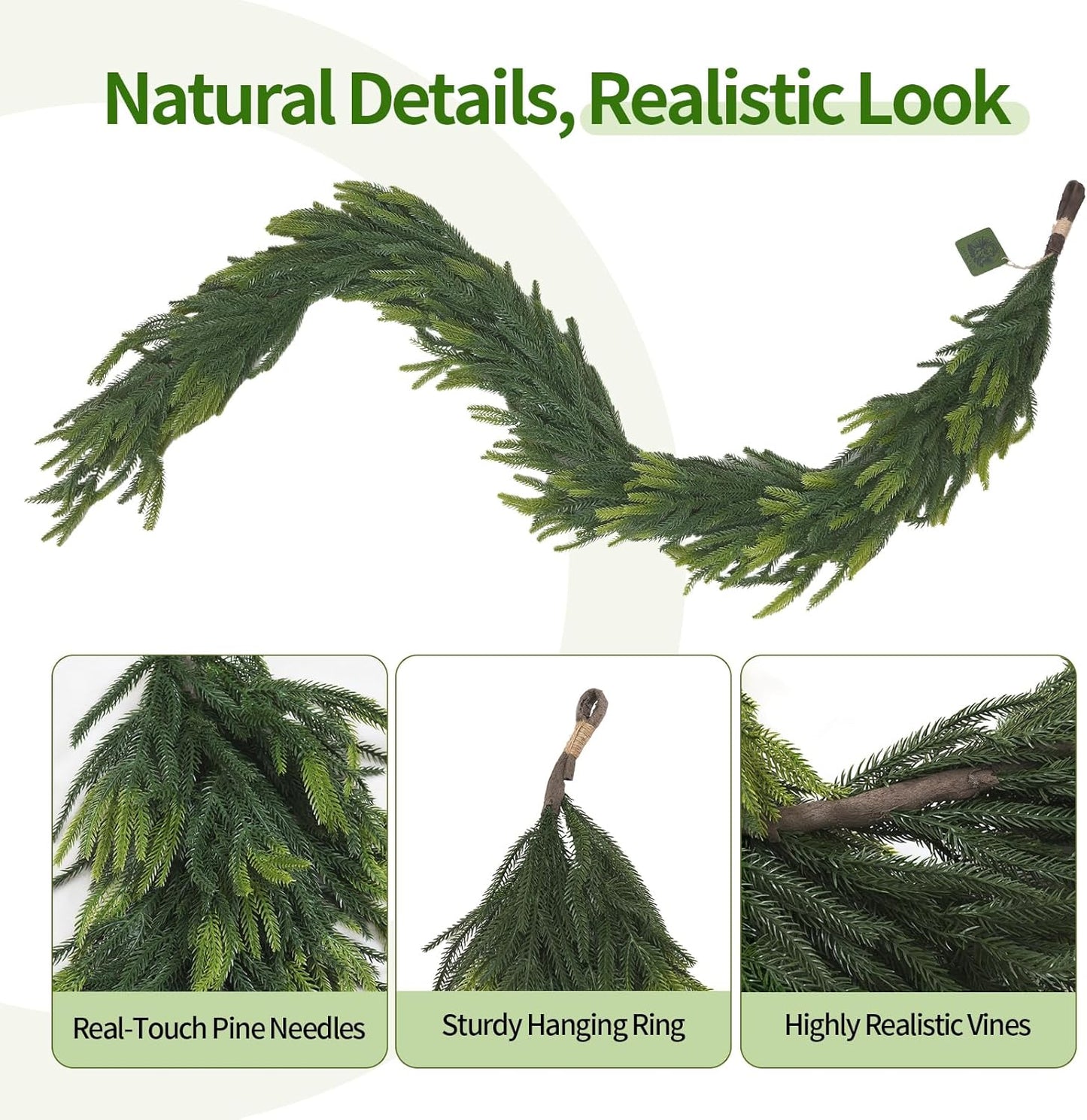 6FT Artificial Norfolk Pine Garland – Real Touch Greenery Garland, Dense Green Plants for Indoor Outdoor Christmas, Holiday, and Home Decoration (2, 6FT-)