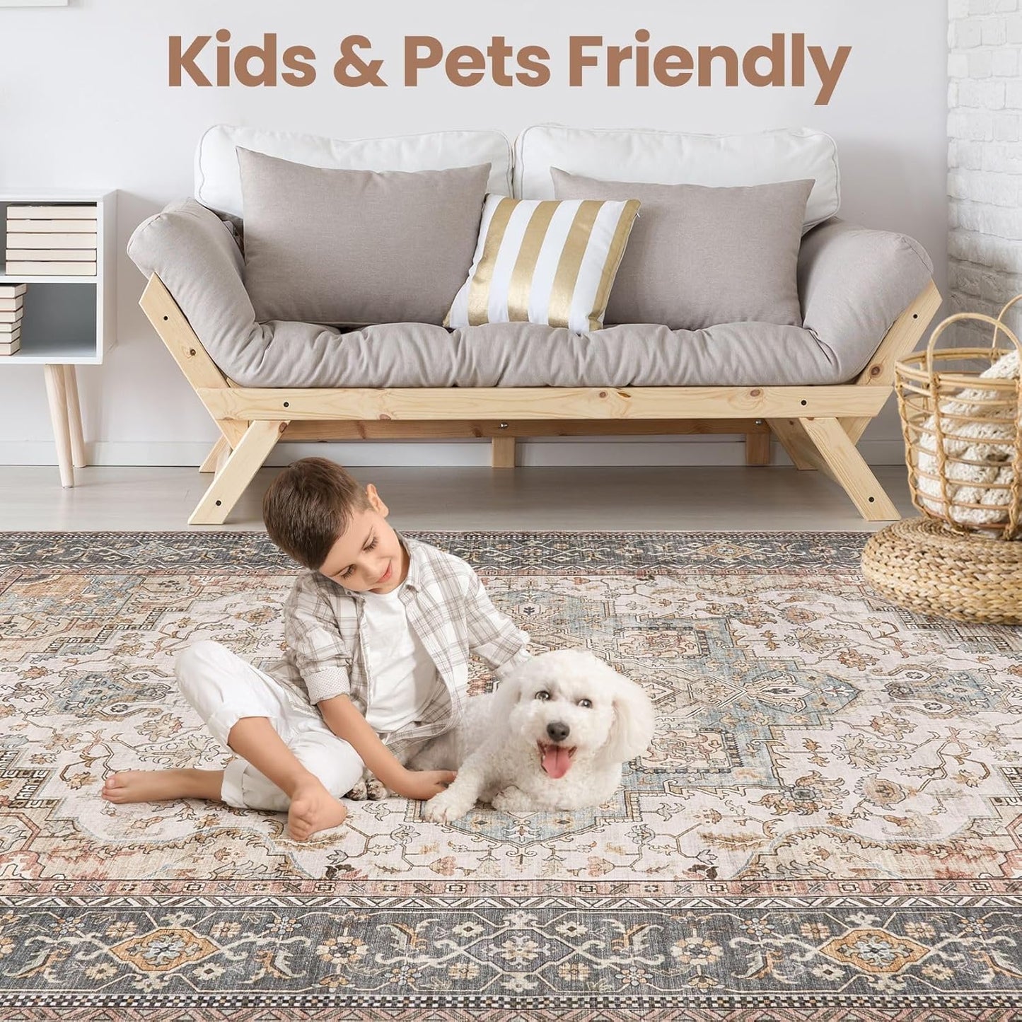 Washable Area Rugs for Living Room - 5x7 Neutral Vintage Distressed Floral Farmhouse Boho Large Soft Floor Rug Indoor Non Slip Carpet for Bedroom Dining Room Office - Forest Green Orange