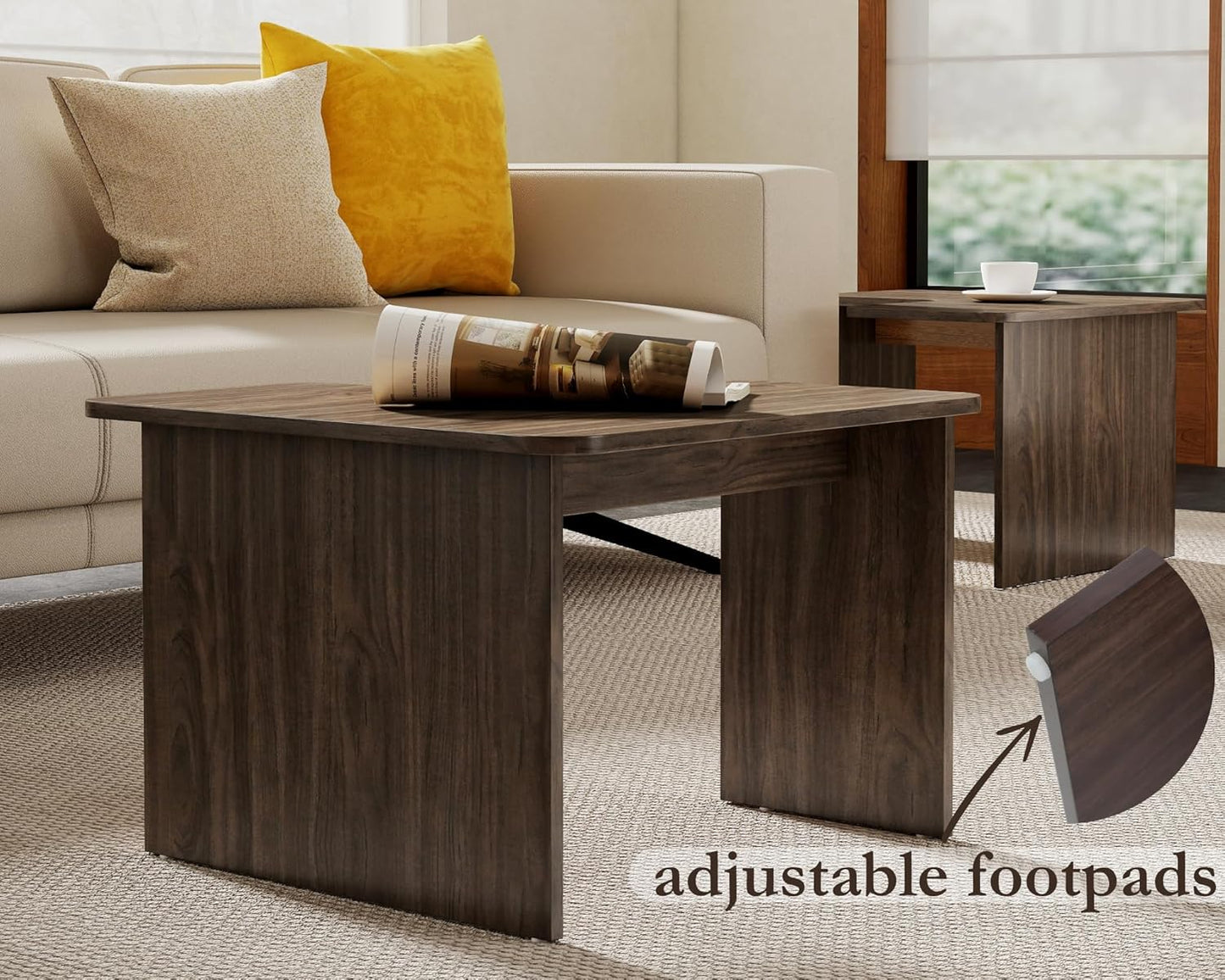 VESCASA Modern L Shaped Nesting Coffee Table Set of 2 Modular Rectangle Walnut Wood Table for Living Room