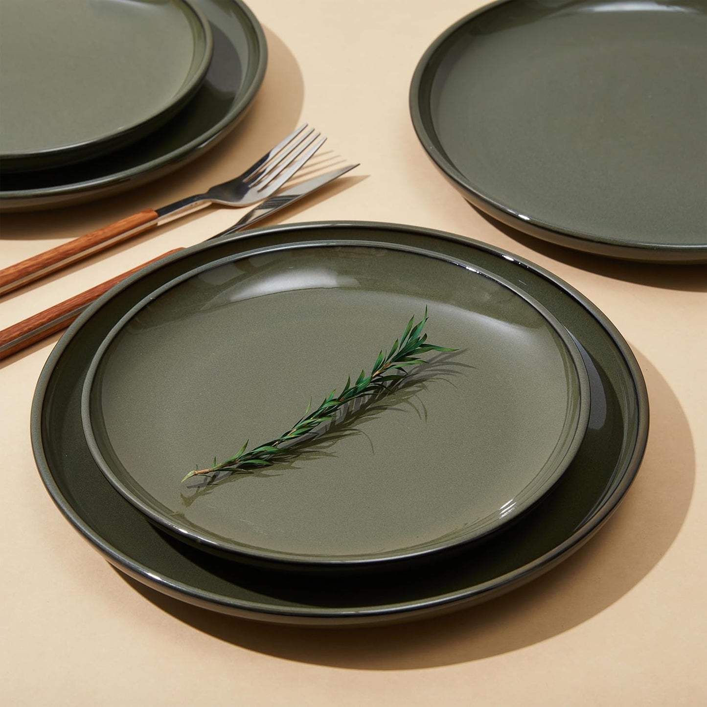 18 Piece Dinnerware Set for 6, Reactive Glaze Terracotta Plates and Bowls Set, Large Family-Sized Stoneware Dish Set for Gatherings, Chip and Scratch Resistant, Blackish Green