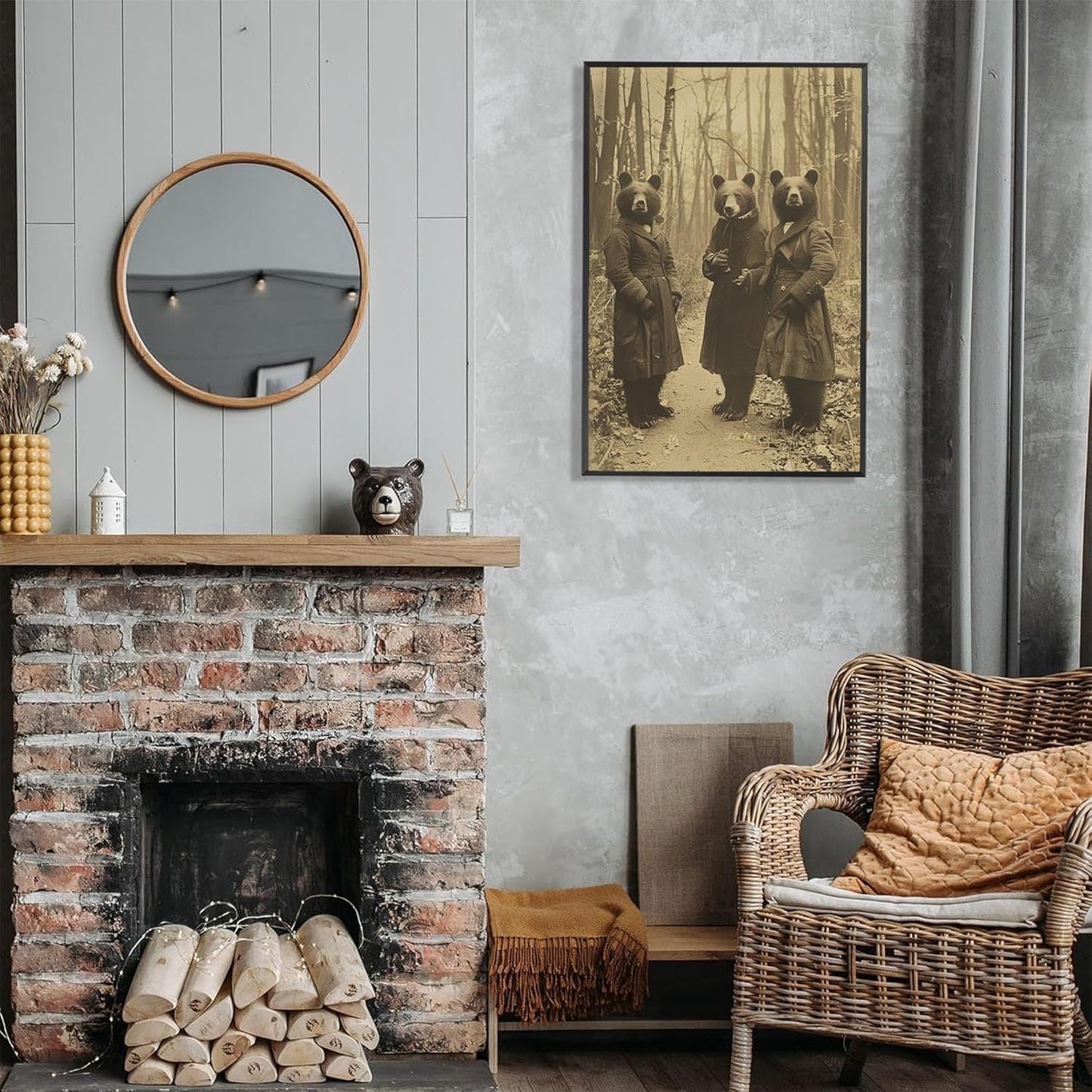 Vintage Horror Halloween Wall Decor Spooky The Three Bears In Occult Forest Spooky Canvas Wall Art Poster Gothic Dark Academia Decorations Room Creepy Print 12X16inch Aluminum Framed