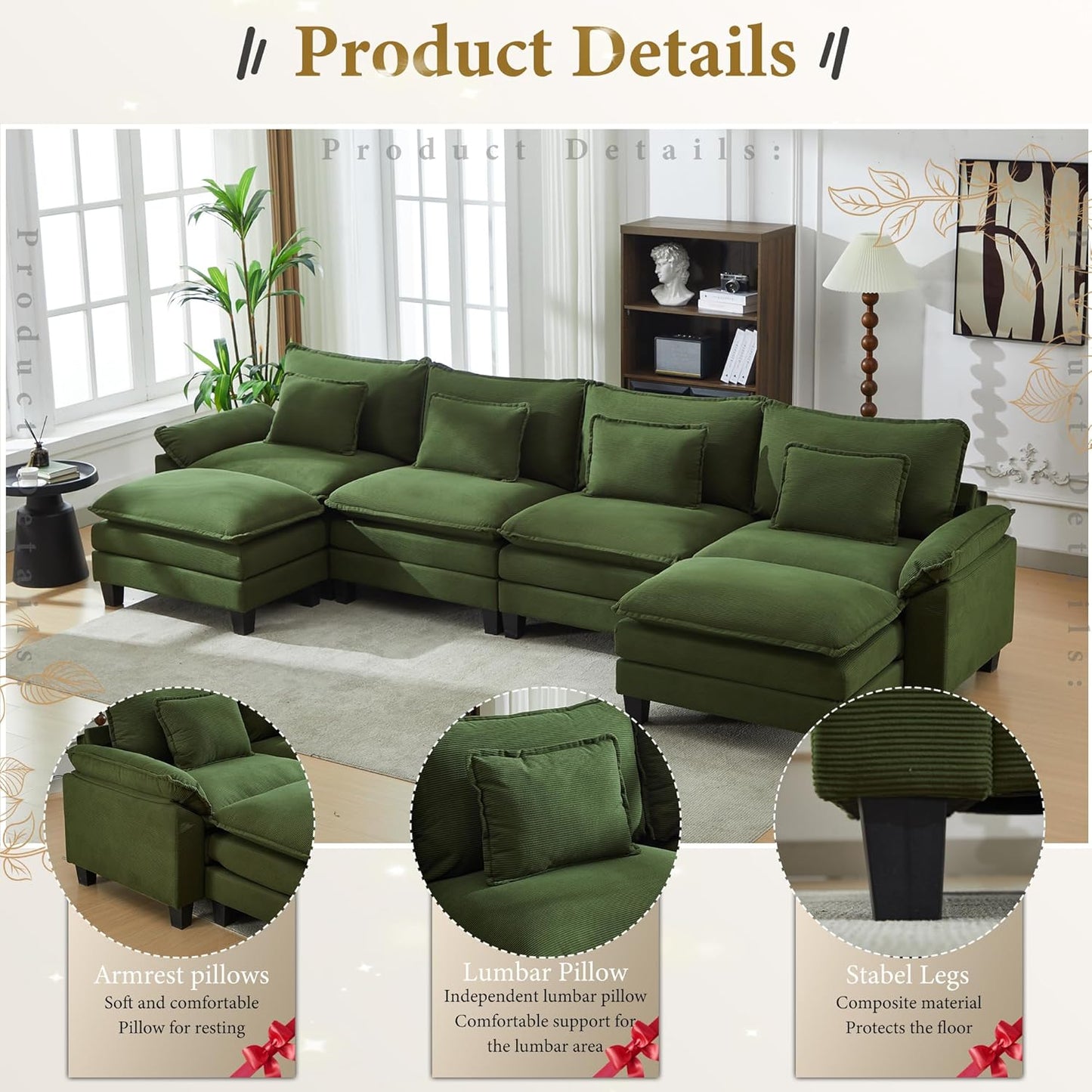 URRED Modular Sectional Sofa Comfy Cloud Couch, Modern Corduroy Sofa Sleeper Deep Seat Couches with Ottoman/Pillows for Living Room (Green, 154'' - U Shape)