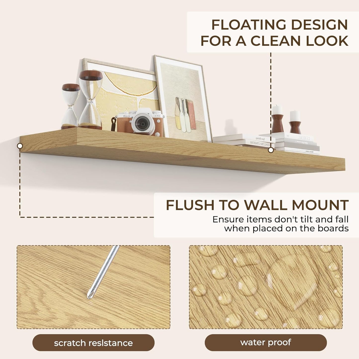 RICHFOCUS 55Inch Floating Shelves for Wall 2 Pack Shelves for Bedroom|Kitchen|Bathroom Wall Mounted Rustic Wood Floating Shelf with Invisible Brackets for Books|Storage|Decor, Oak