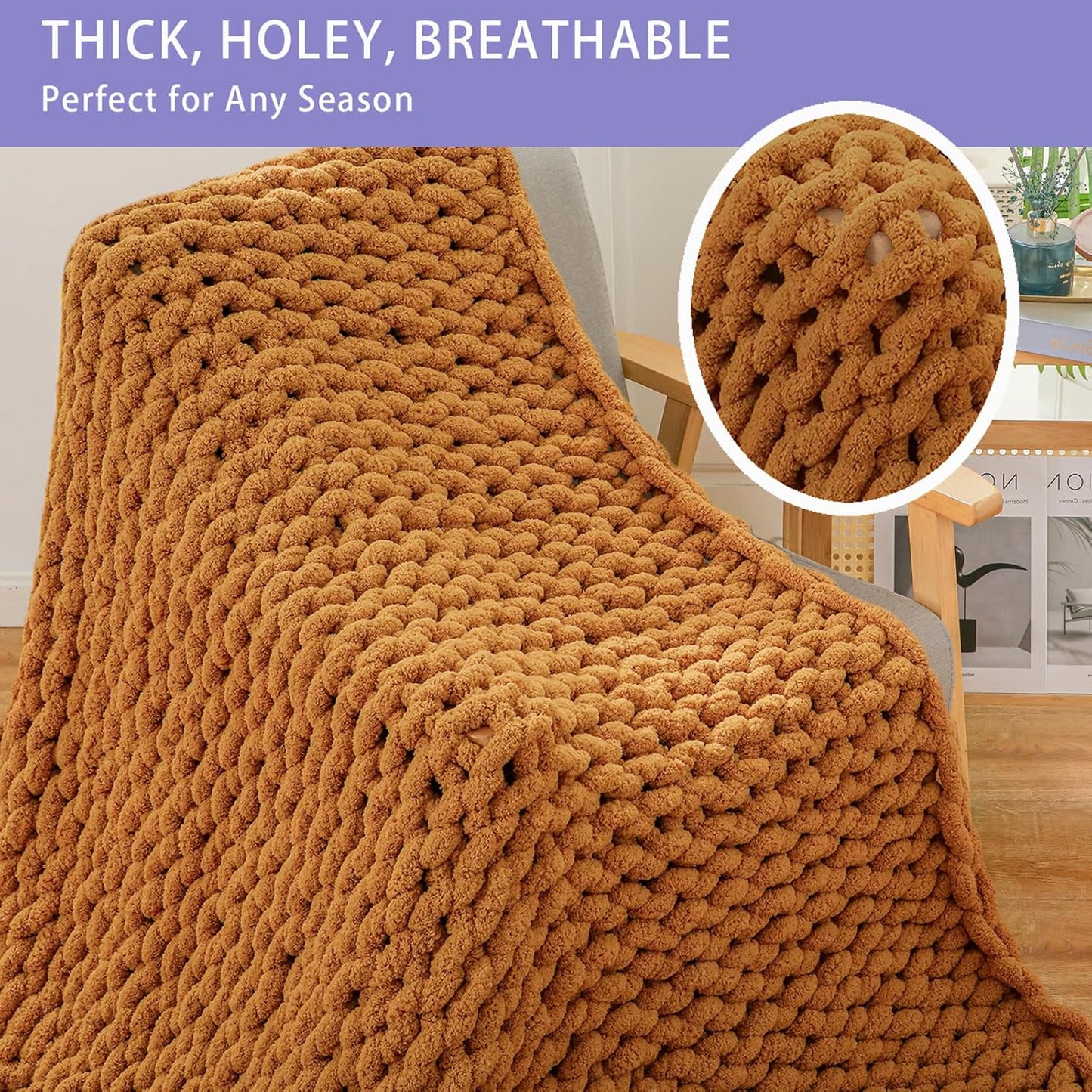 Bigacogo Chunky Knit Throw Blanket for Couch, 51x63 inches, 100% Hand Knitted with Thick Jumbo Chenille Yarn, Cozy Soft Large Rope Knot Cable Crochet Blankets for Sofa Bed Living Room, Burnt Orange