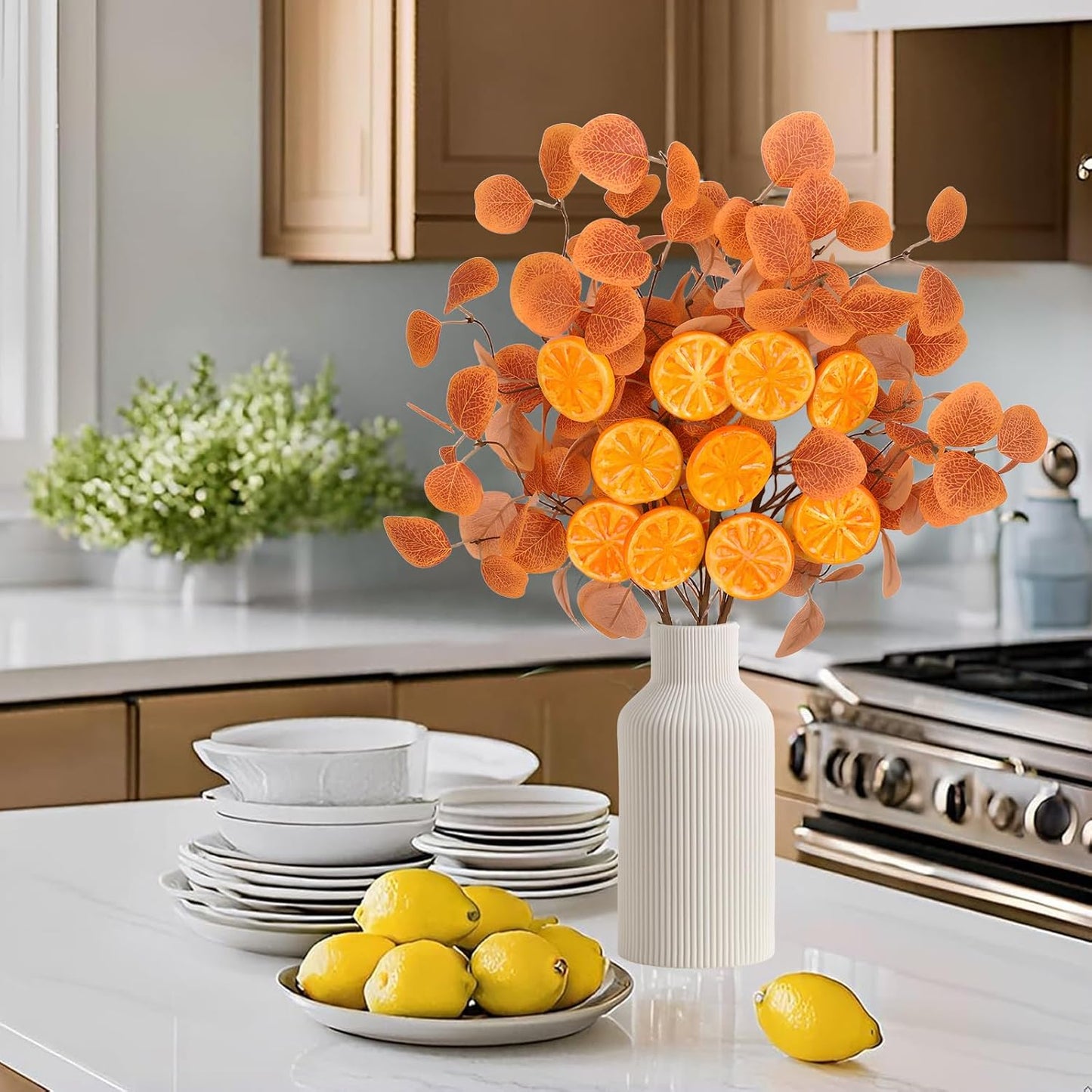 Eucalyptus Stems, 4PCS Artificial Lemon Stems Faux Citrus Branches Plastic Decor for Kitchen, Table Centerpieces, Entryway, Thanksgiving Wedding Party (Orange)