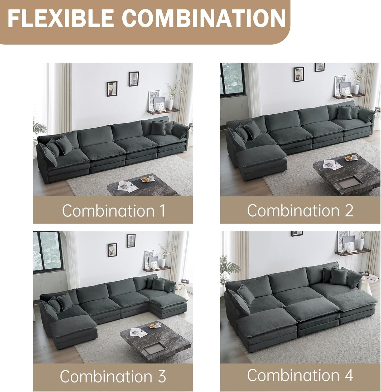 Sectional Sofa 4 Seater with Movable 2 Ottomans,Oversized Modular Couch Deep Seat (Grey, 146.5 inch-U)