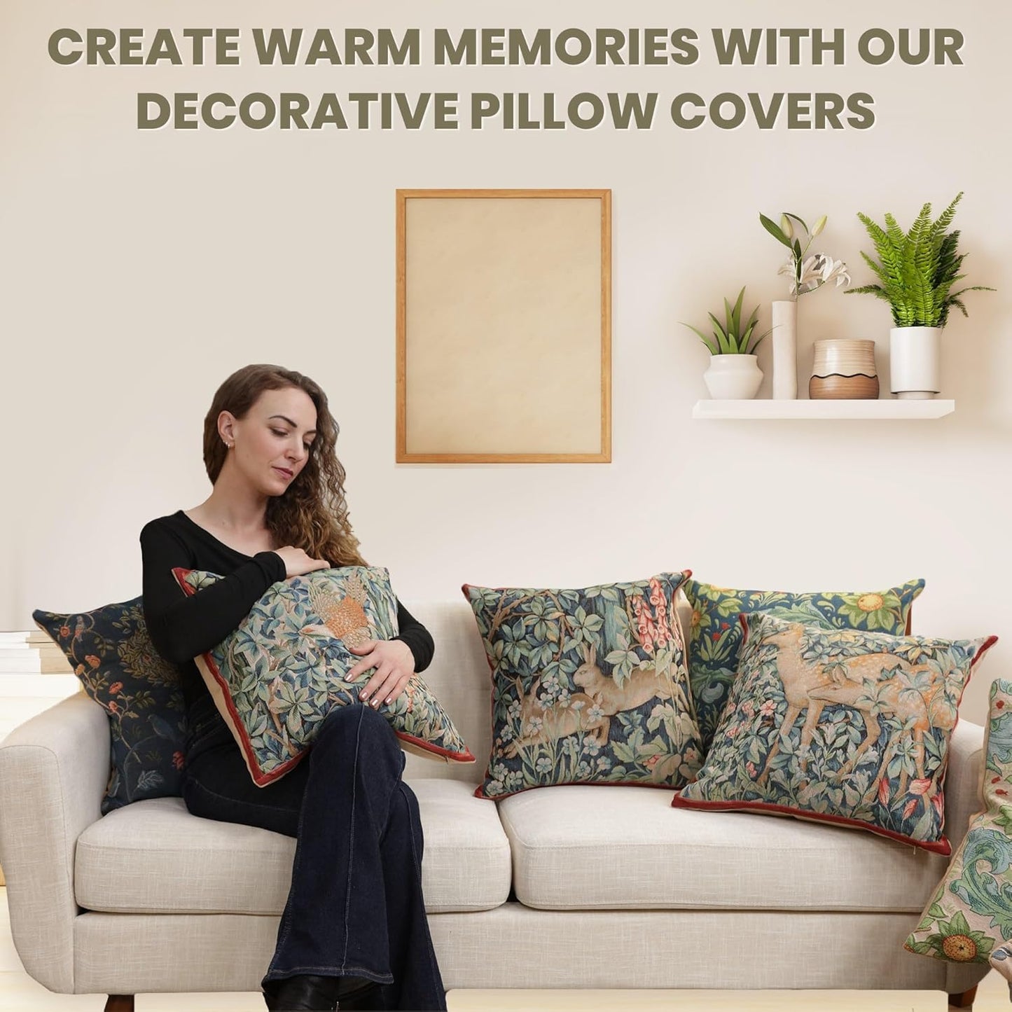 Charlotte Home Furnishings Decorative Tapestry Pillow Cover 14x14 in, Green Hares Couch Throw Pillow Cover, French Country Square Cushion Cases for Living Room Home Decor, Soft Cotton Jacquard Woven