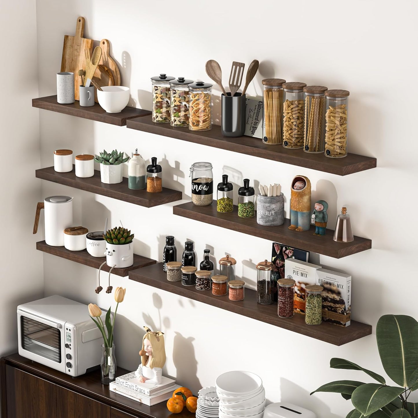 Fun Memories Farmhouse Floating Shelves - 8 Inch Deep Rustic Wood Wall Shelf - Premium Solid Pine Wood Storage Shelf for Kitchen Living Room Bedroom - 30" W x 8" D - Set of 2 - American Walnut