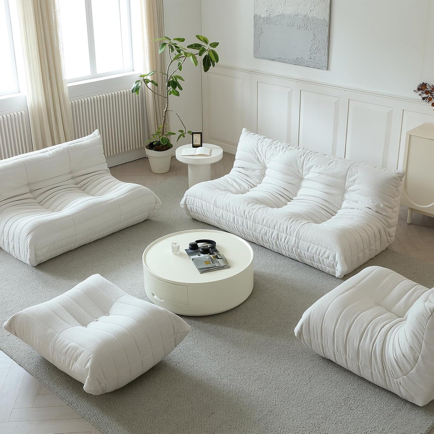 Luxury Sofa Couch Chair, Lazy Floor Seating, Fireside Bean Bag Chair, Ergonomic Tatami Sofa Lounger for Living Room, Bedroom, Office, 3 Seat, White