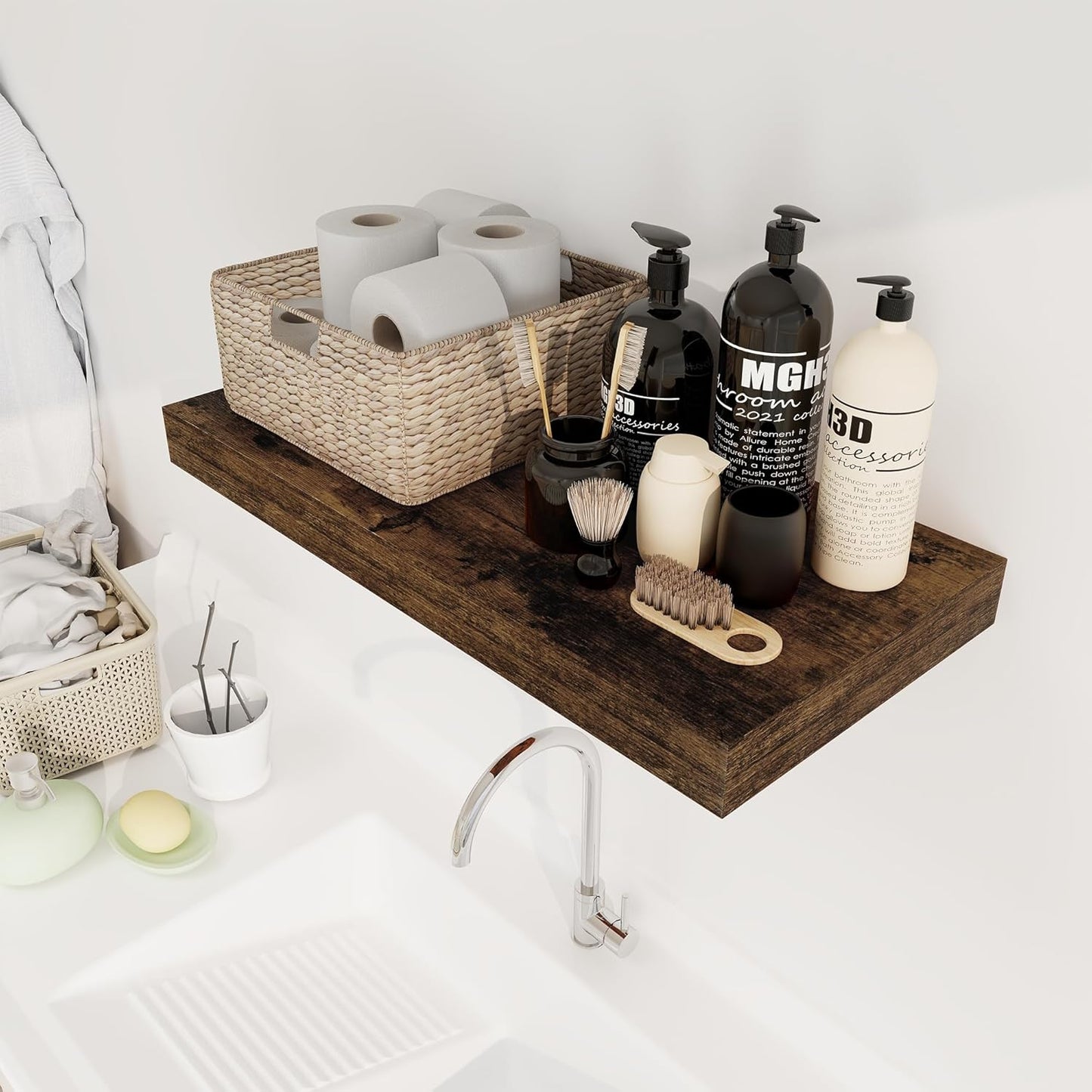 12 Inch Deep Floating Shelves, 24 x 12 Floating Shelf for Books, Rustic Wood Deep Wall Shelves for Home Storage & Display, 2" Thicked Shelves for Kitchen, Living Room, Bedroom, Rustic Brown, 1 Pack