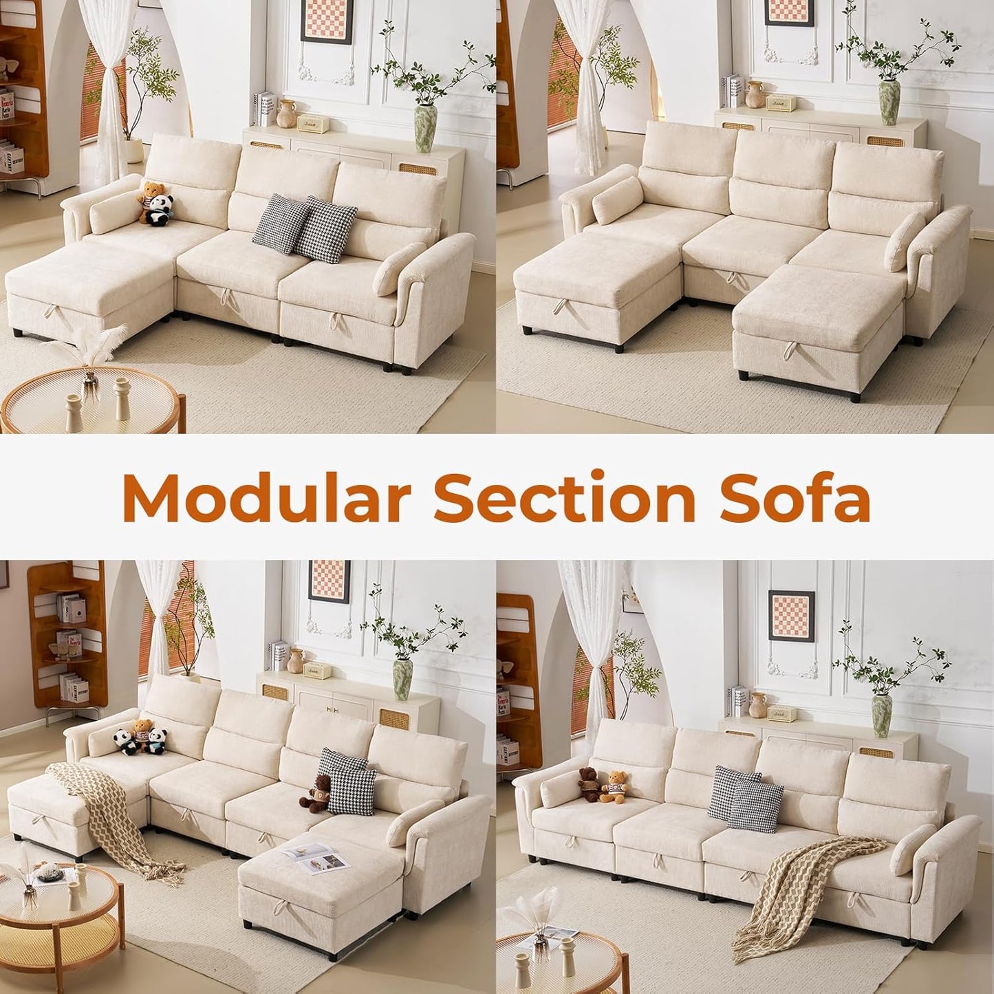 103'' Modular Sectional Sofa, L Shaped Comfy Cloud Couch with Storage,4-Seat Convertible Modern Deep Seat Sofa with Throw Pillows for Living Room,Beige