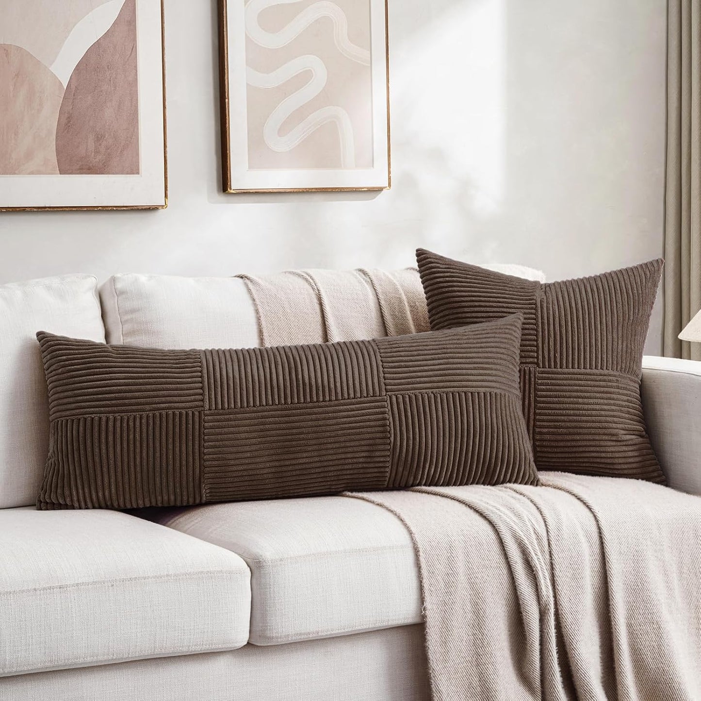 Fancy Homi 2 Packs Dark Brown Decorative Throw Pillow Covers 18x18 Inch for Living Room Couch Bed Sofa, Rustic Farmhouse Boho Home Decor, Soft Corss Corduroy Patchwork Textured Cushion Case 45x45 cm