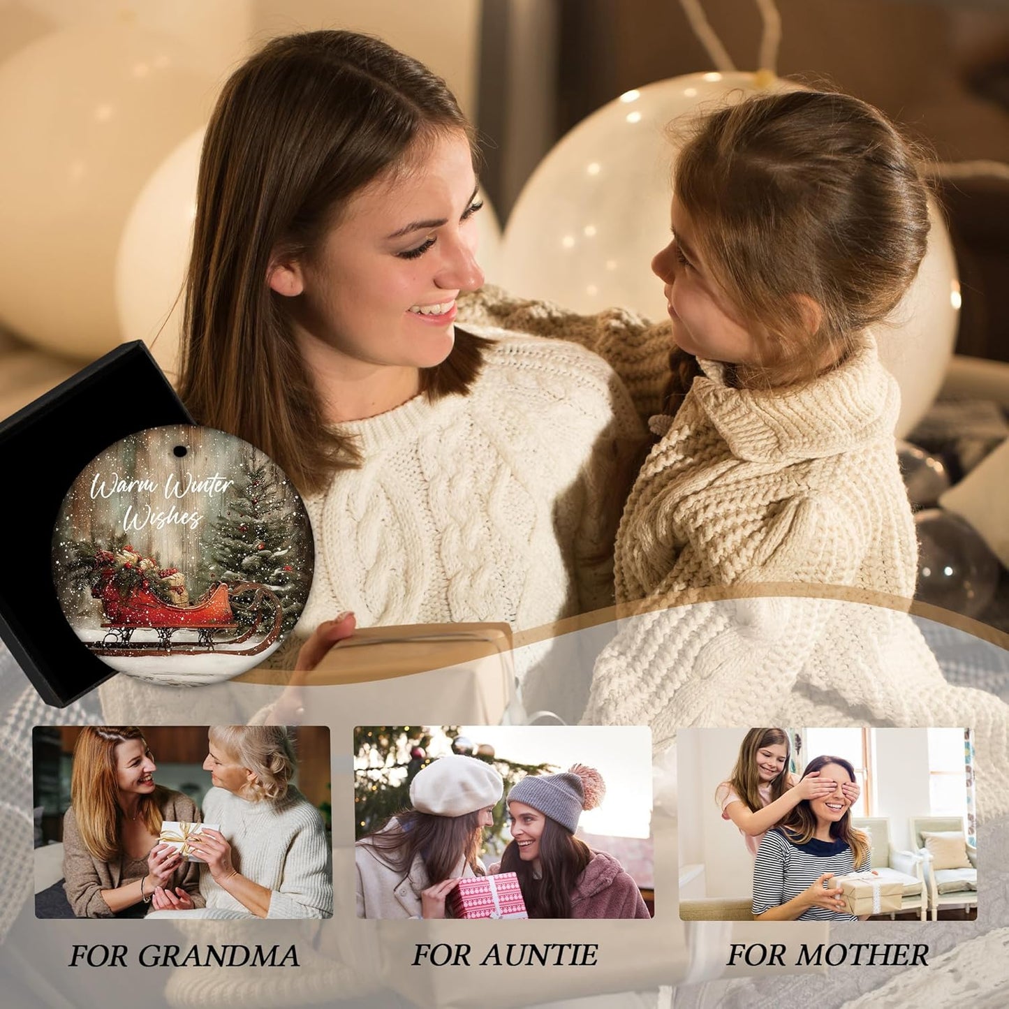 Vintage Rustic Christmas Ceramic Ornament Gifts, Farmhouse Winter Snowy Christmas Sleigh Decorative Hanging Ornaments for Xmas Tree Holiday Party Decoration, Winter Xmas Tree Decorations