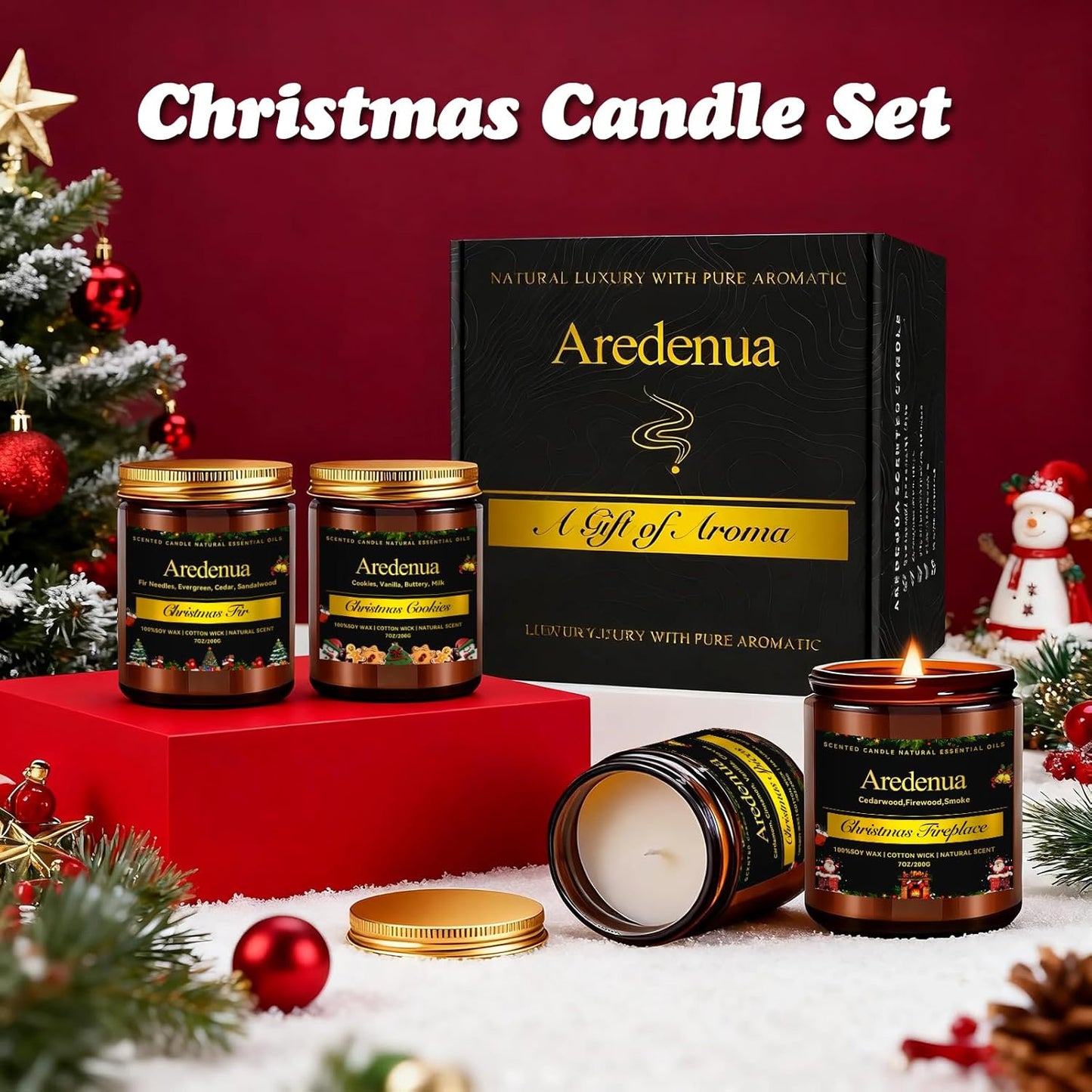 Christmas Candles Set | 4 Pack Winter Holiday Scented Candles, Soy Candles for Home Scented - Xmas Candle Gifts for Women and Men - Scents of Christmas Fir/Spices/Cookies/Fireplace
