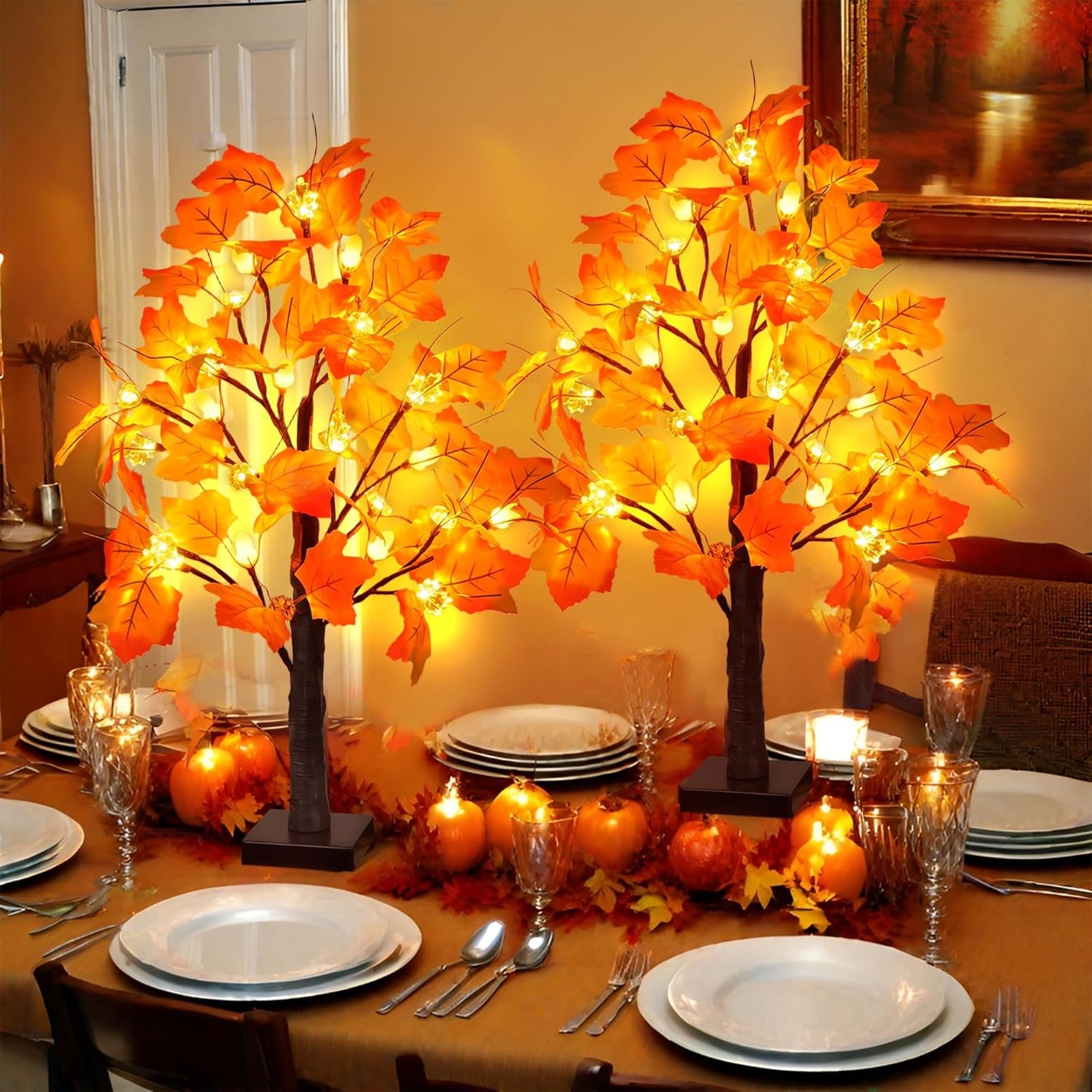 2 Pack 24 Inch Prelit Fall Maple Tree Fall Decor with 48 LED Timer Battery Operated Artificial Fall Light Up Tree Pumpkin Maple Acorn for Fall Thanksgiving Decorations Table Home Indoor Autumn Harvest