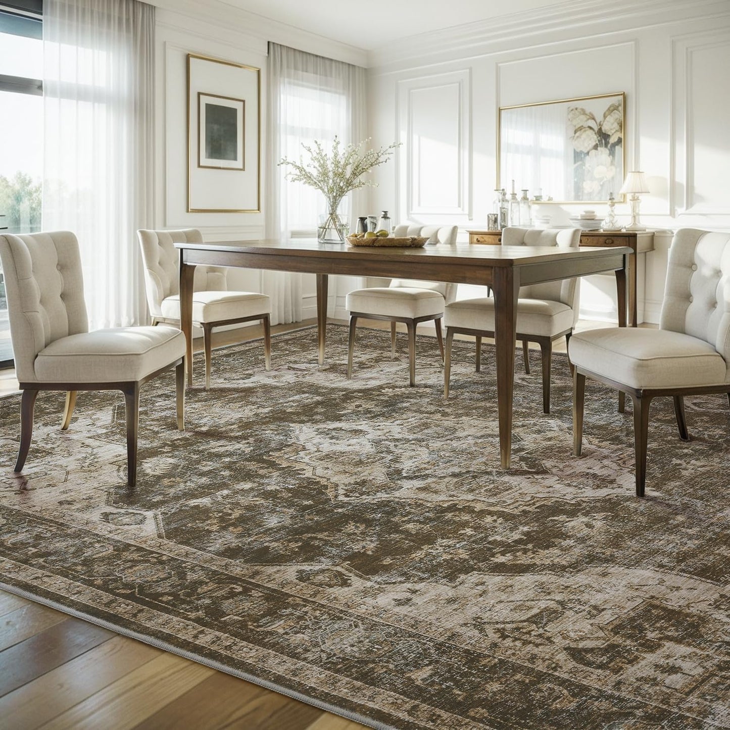 AMOAMI Area Rug - 8x10 Vintage Soft Coffee & Brown Rug for Living Room, Bedroom, Dining Room, Office - Non-Slip, Washable Carpet