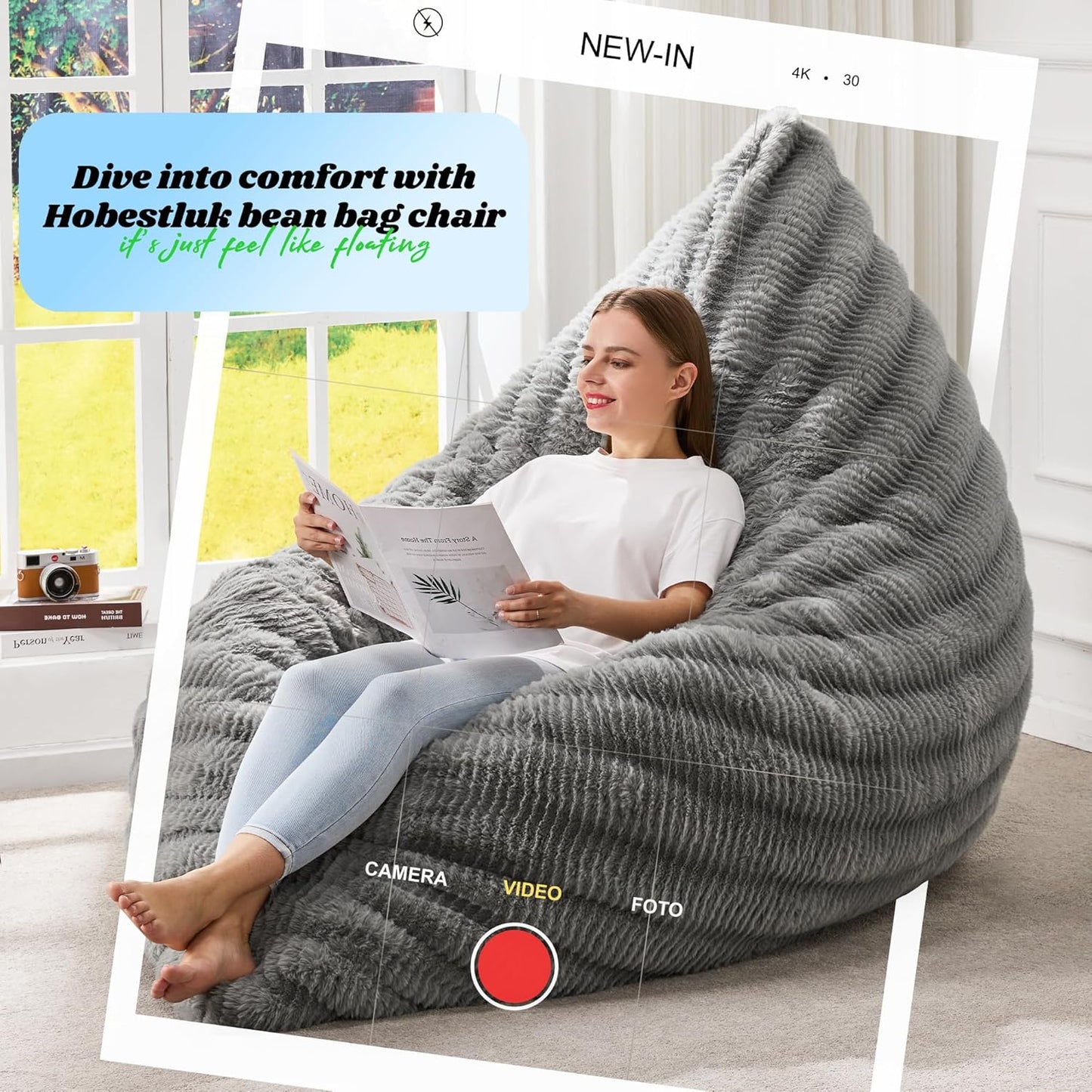 Hobestluk 3 in 1 Bean Bag Chair Giant Bean Bag Chairs for Adults with Ripple Cover Convertible Bean Bag Floor Cushion with Machine Washable Cover for Living Room (Ripple Grey)
