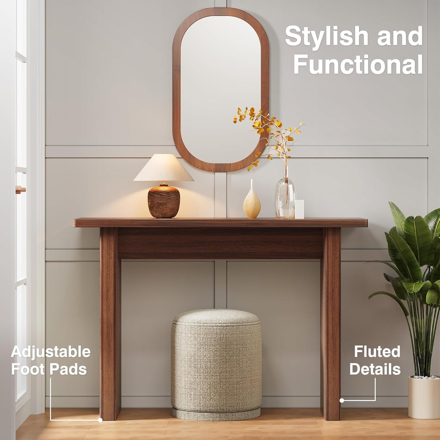 AVZEAR Mid Century Narrow Entryway Console Table, 43.3" Fluted Wood Couch Table Behind Sofa Long and Skinny for Living Room Hallway Entrance Foyer, Walnut