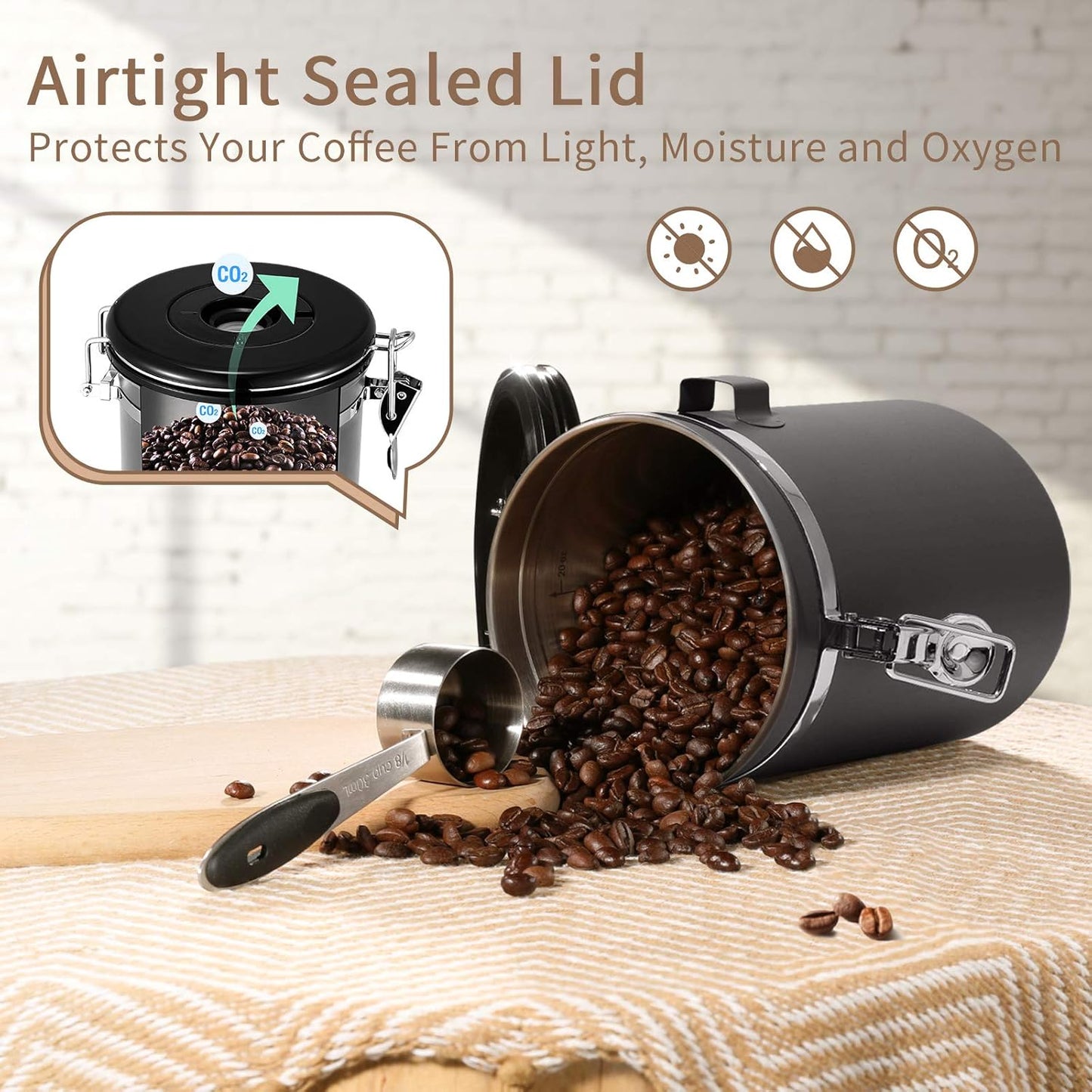 Veken Coffee Canister, Airtight Stainless Steel Kitchen Food Storage Container with Date Tracker and Scoop for Beans, Grounds, Tea, Flour, Cereal, Sugar, Cookies Jars, 16OZ Gray