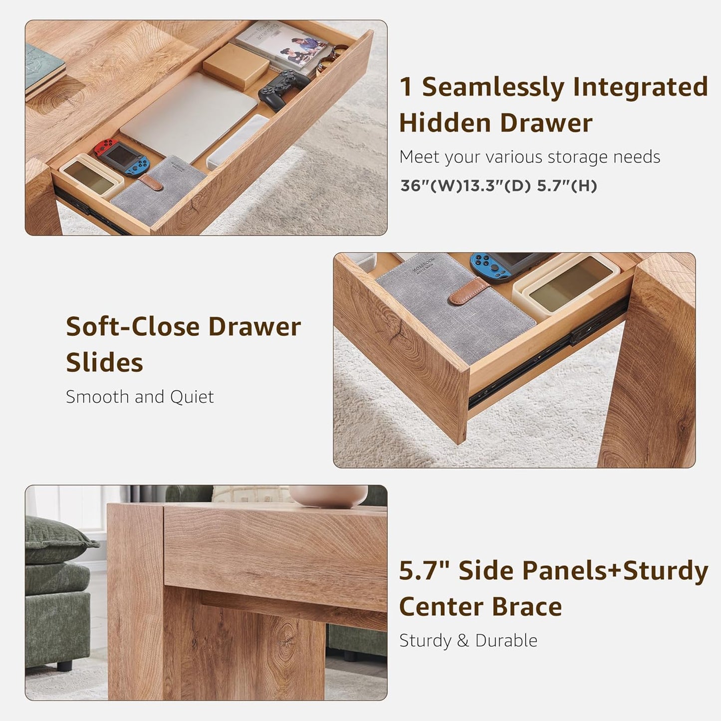 OKD 48" Modern Farmhouse Coffee Table, Wooden Living Room Table with Hidden Storage Drawer, Rustic Rectangular Center Tables w/Wood Thick Design for Living Room, Office, Light Knotty Wood