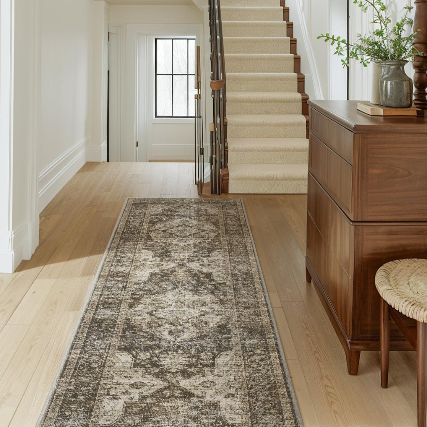 AMOAMI-2X6 Runner Rug-Washable Runners for Hallways-Soft Non Slip Bedside Rugs for Bedroom-Vintage Long Rug for Hallways Entryway Laundry Room Stair Kitchen Bathroom Light Brown/Coffee