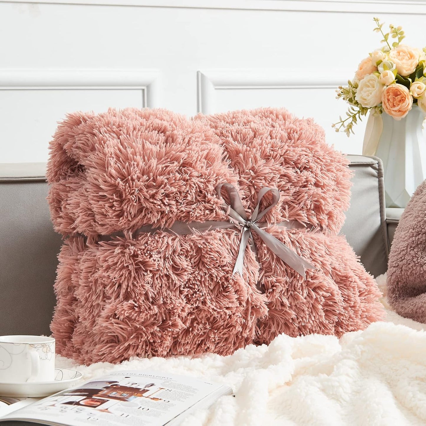 GONAAP Fuzzy Faux Fur Throw Blanket Twin Size Pink Super Soft Cozy Plush Fuzzy Shaggy Blanket for Couch Sofa Bed (Pink, Twin(60"x80"))