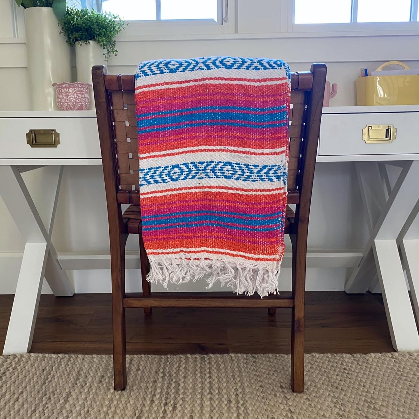 Del Mex Classic Mexican Blanket, Large Authentic Woven Falsa Throw (70"x50"), Artisan Southwest Décor for Beach, Yoga, Outdoors (Orange/Pink/Blue)