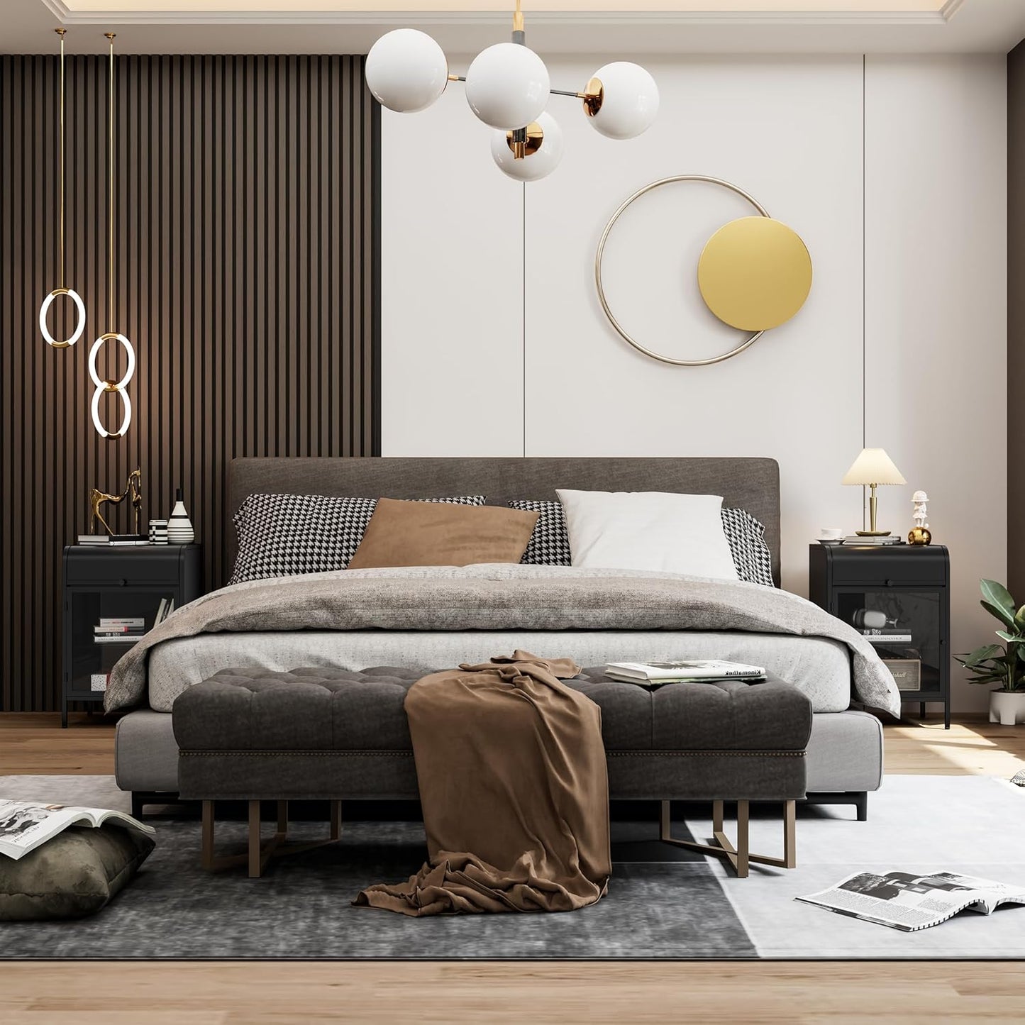 Modern Metal Side Tables, End Tables with Glass Door, 2-Tier Nightstands with Storage Shelves, Accent Table, Slim Sofa Table for Living Room, Bedroom (1, Black)