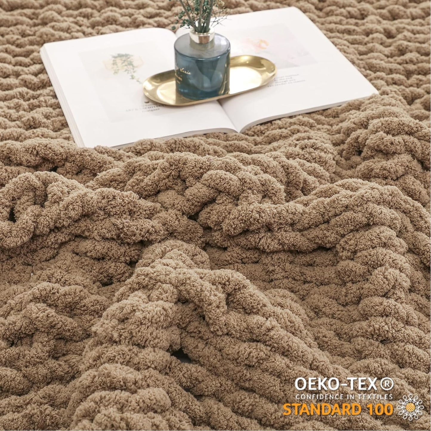 WESHIONGOO Chunky Knit Blanket Throw 50"×60" Knitted Throw Blankets for Couch Bed Fluffy Soft Blanket with Jumbo Chenille Yarn Thick 100% Handmade (Brown)