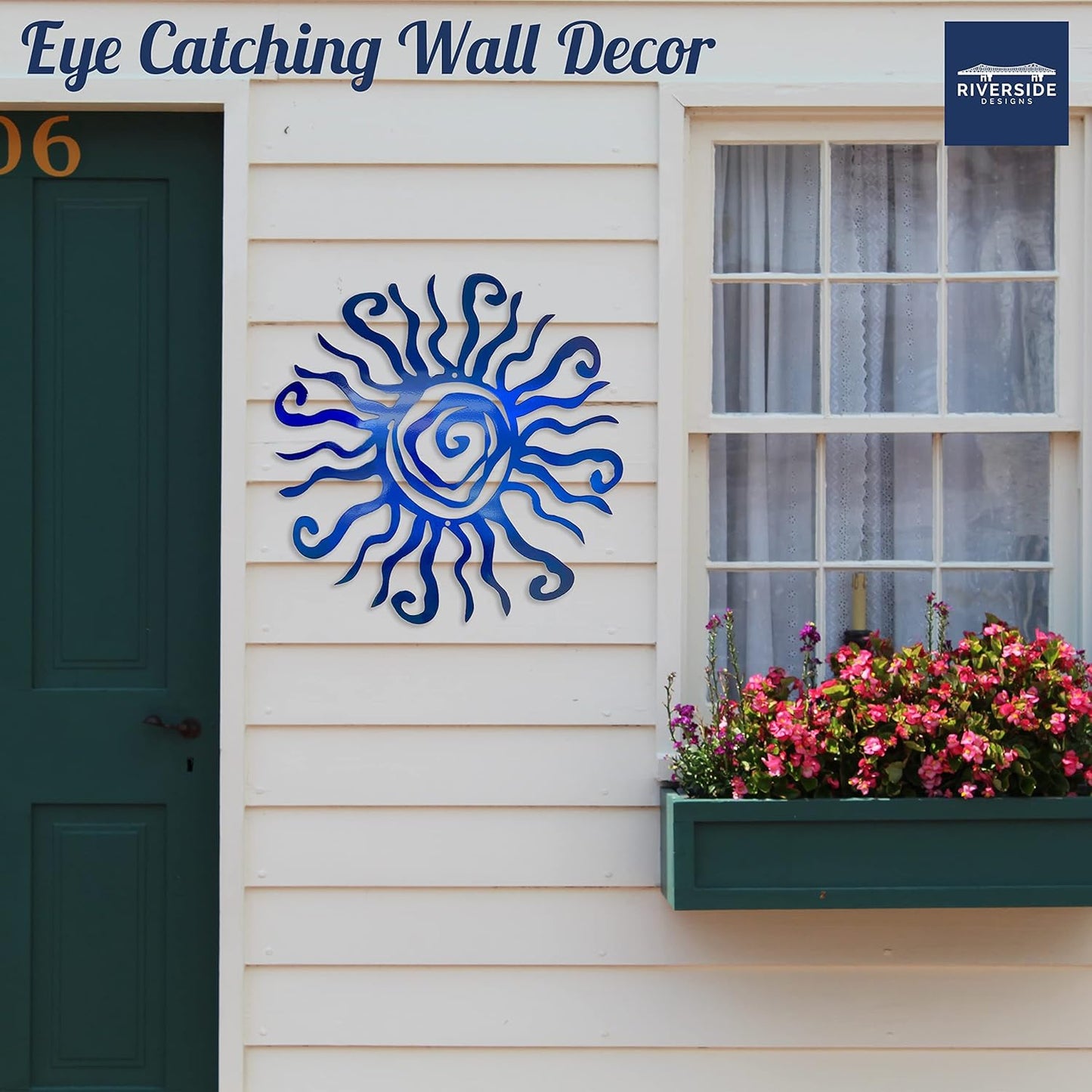 Riverside Designs Wacky Sun Metal Wall Art Indoor/Outdoor Decor - 30" Blue Rust Proof Wall Sculpture - Made in USA - Ideal for Bedroom, Garden, Home, Patio and Farmhouse