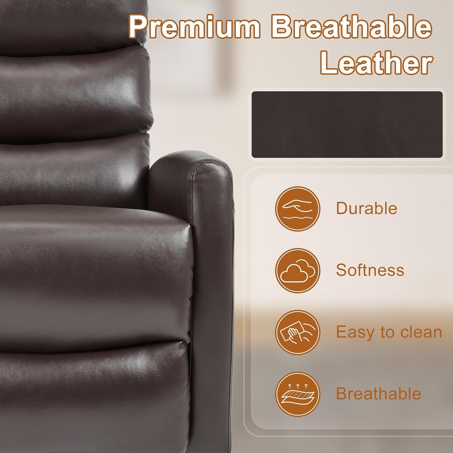 Manual Swivel Rocker Recliner Chair for Adults, Overstuffed Reclining Glider Chair for Nursing with Vibration Massage & Heat, Living Room Rocking Recliner 3-Stage backrest, Faux Leather Brown