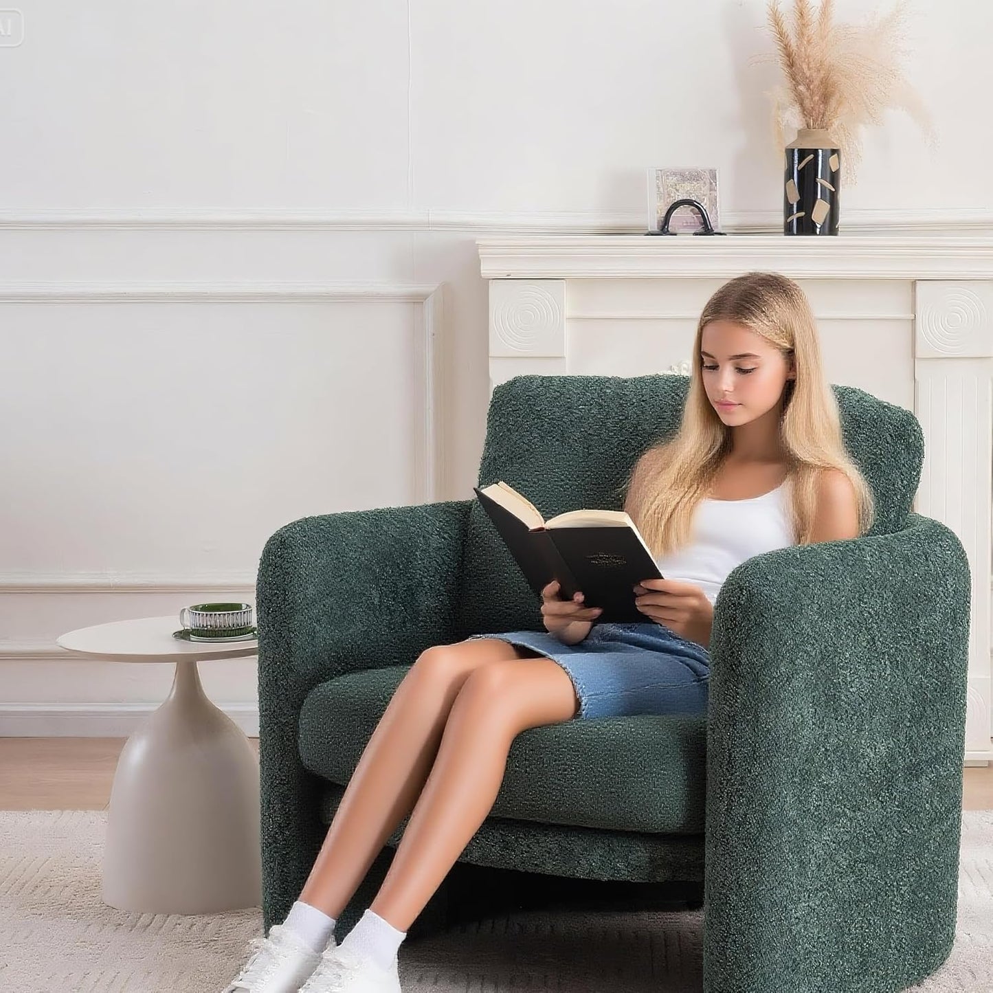 Chenille Accent Armchair Oversize Upholstered Barrel Comfy Modern Round Lounge Chair with Pillow Cozy Reading Chairs for Apartment,Office,Living Room,Dining,Makeup,Club,Green