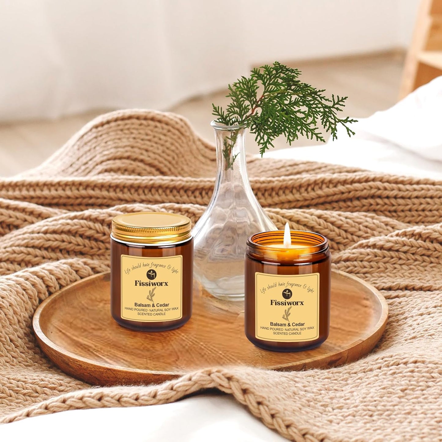 Balsam & Cedar Scented Candle Set 2 Pack – Natural Soy Wax Hand-Poured – Relax and Relieve Stress – 60-Hour Long-Lasting Burn – Premium Aromatherapy Candle for Home Decor, Gifts