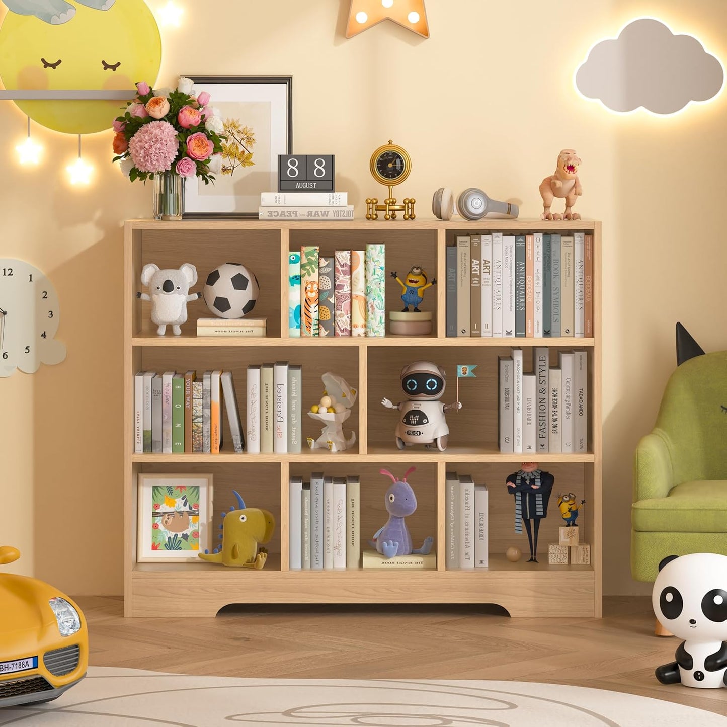 Book Shelf, 8 Cubes Storage Organizer, 3-Tier Open Shelf Wooden Bookcase, Freestanding Log Bookshelf Cube Shelf for Bedroom, Living Room, Home Office