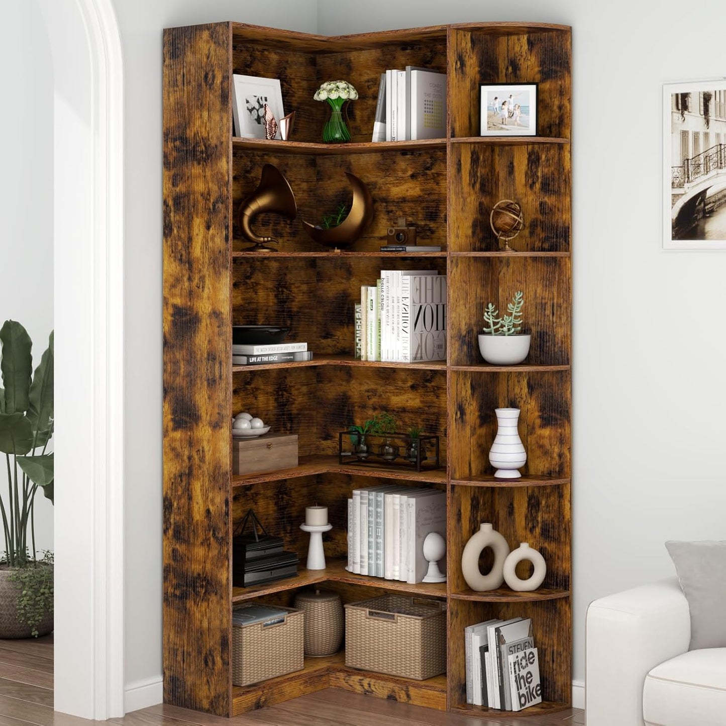 Loomie Bookshelves, 6 Tiers Shelf Large Tall Corner Etagere Bookcase with Full Baffle, L-Shaped Modern Storage Display Industrial Book Shelf for Bedroom, Home Office, Living Room & Kitchen, Rustic