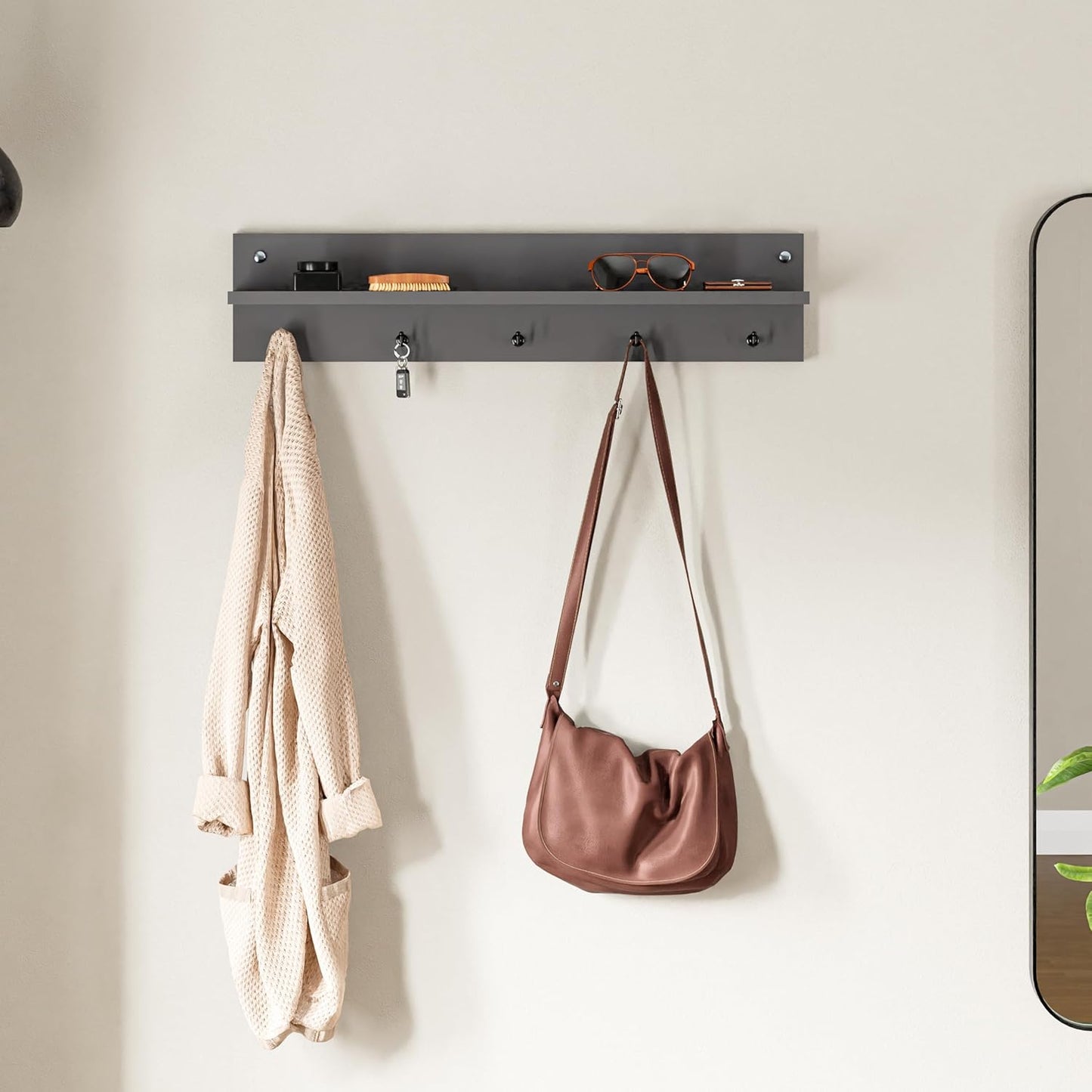 Modern Wall-Mounted Coat Rack with Shelf and Hooks - Wooden Entryway Organizer (Grey)