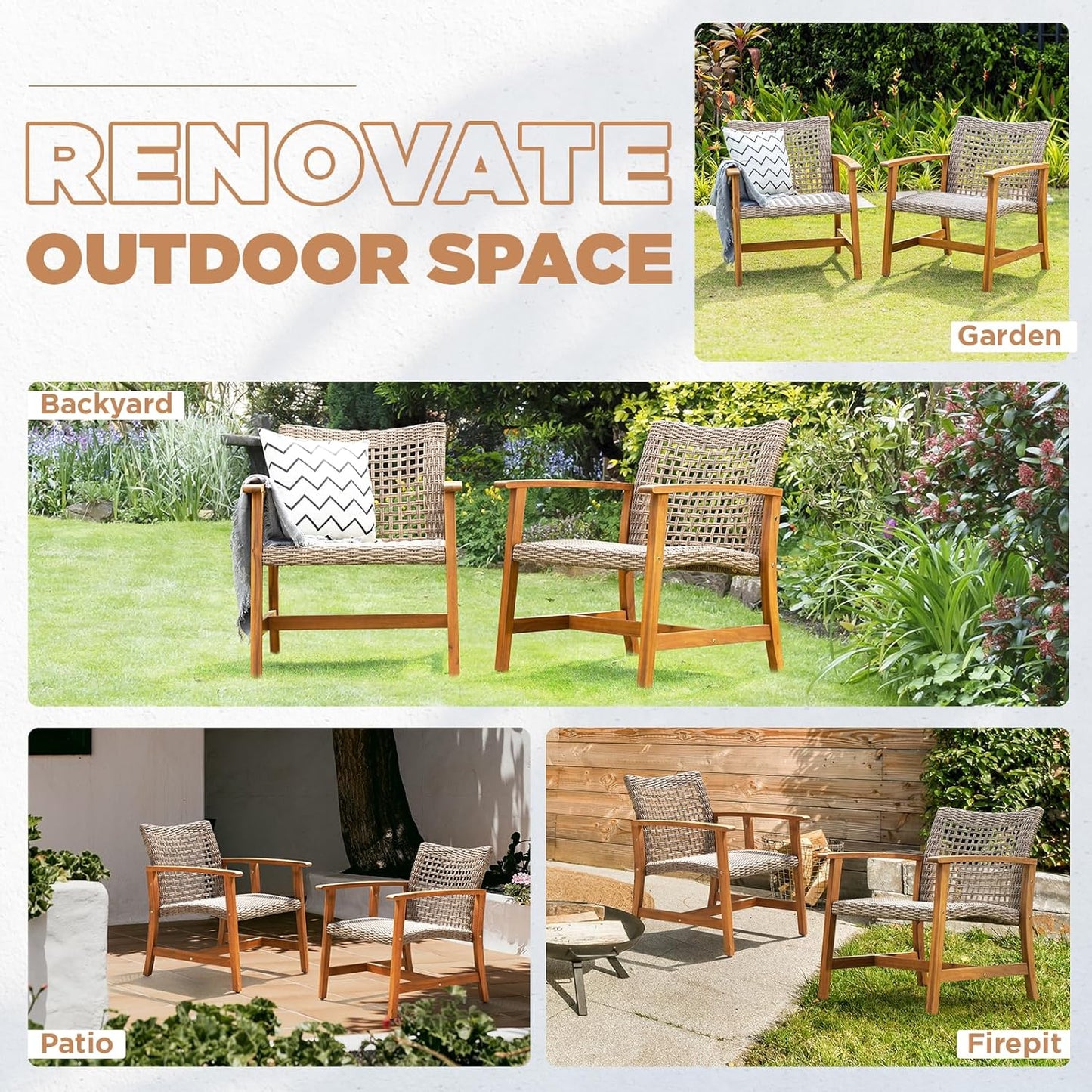 IDZO Liberte Accent Chairs Set of 2, 500lbs Weight Support, Acacia Wood, FSC Teak Finish, UV Protected, Dynamic Gray Wicker, Ideal for patios and Gardens