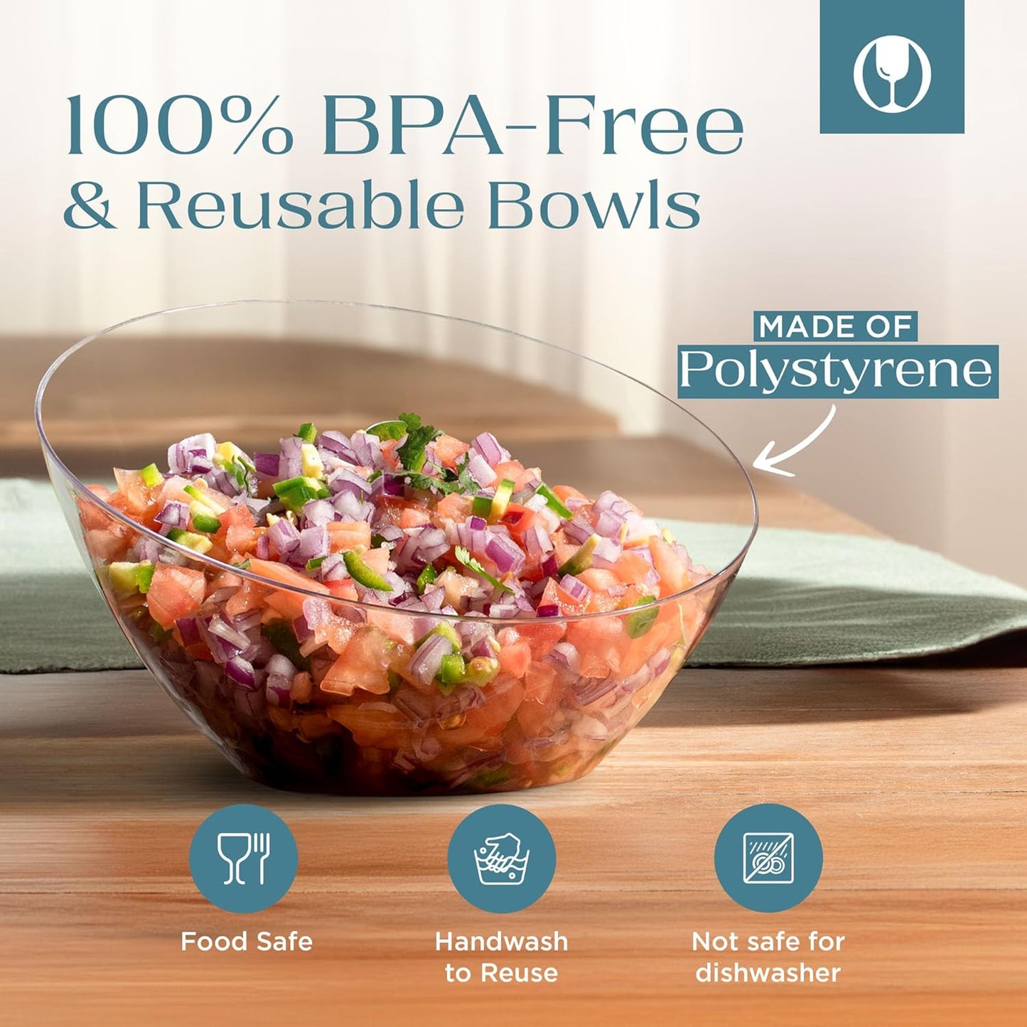 Posh Setting Crystal Clear, Disposable Premium Hard Plastic Medium Angled Bowl, Party, Salad, Snack and Fruit Bowl 5 Pack