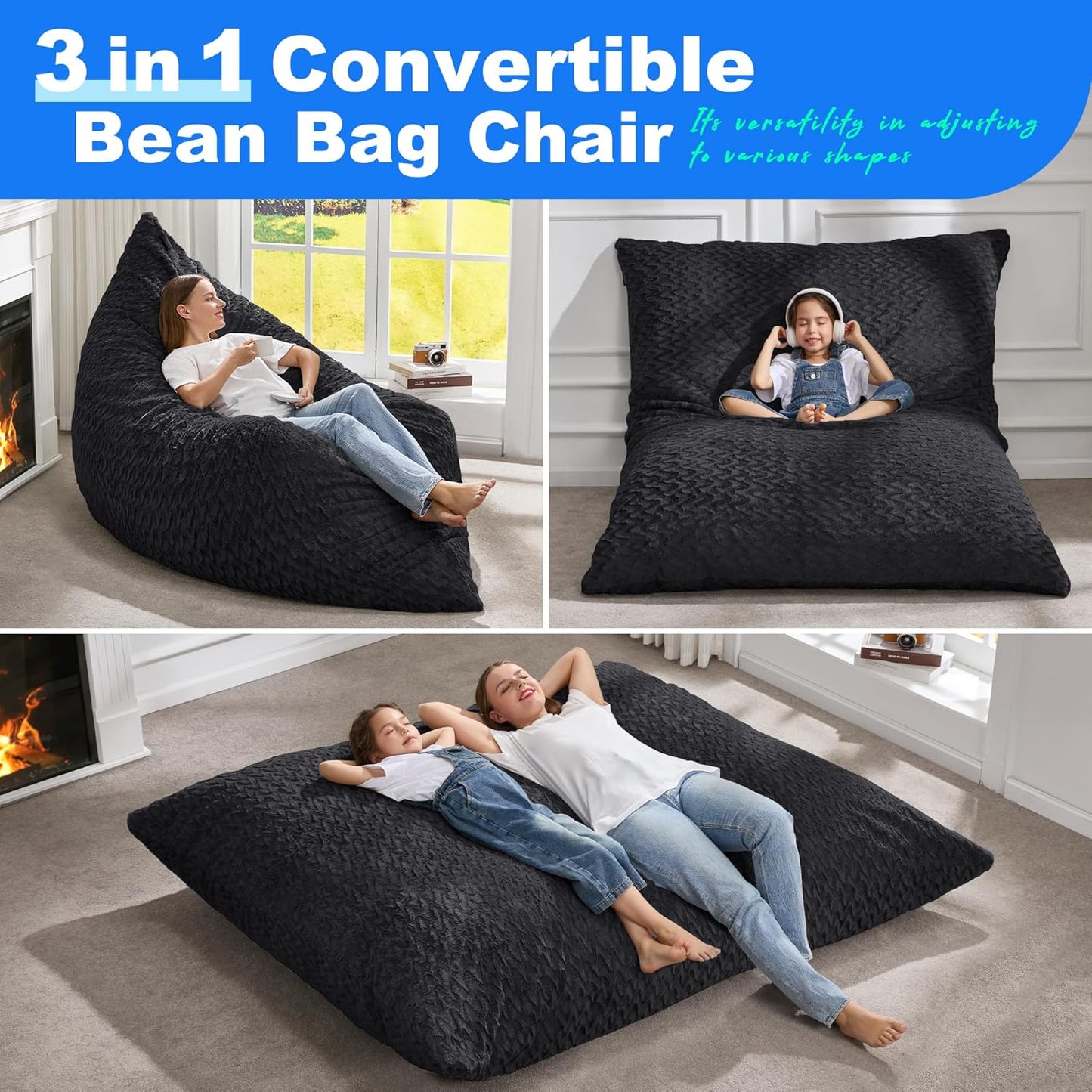 Hobestluk 3 in 1 Bean Bag Chair Giant Bean Bag Chairs for Adults with Chevron Plush Fur Cover Convertible Bean Bag Floor Cushion with Machine Washable Cover for Living Room (Chevron Plush Black)