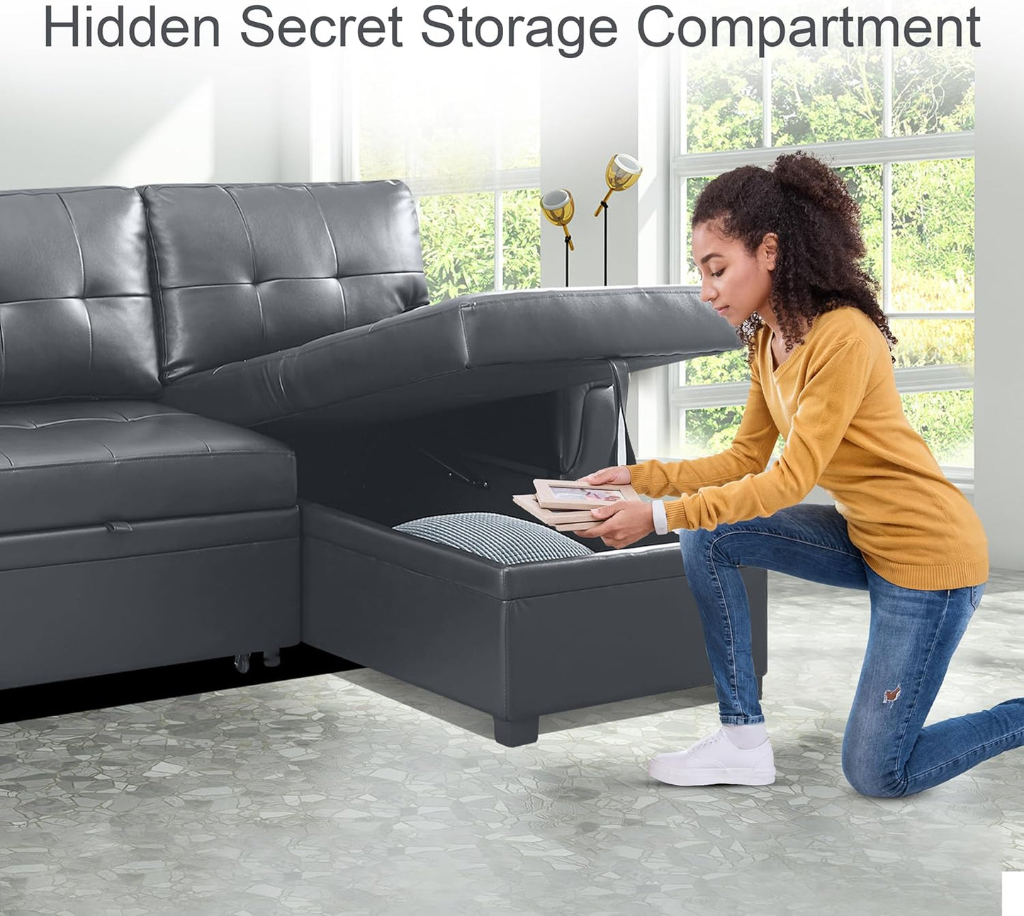 Naomi Home Transform Any Space: Sleeper Sectional Sofa with Convertible Sofa Bed & Inviting Chaise. Find Tranquil Comfort with Stress-Relieving Design & Durable Cushions - Dark Gray/Air Leather