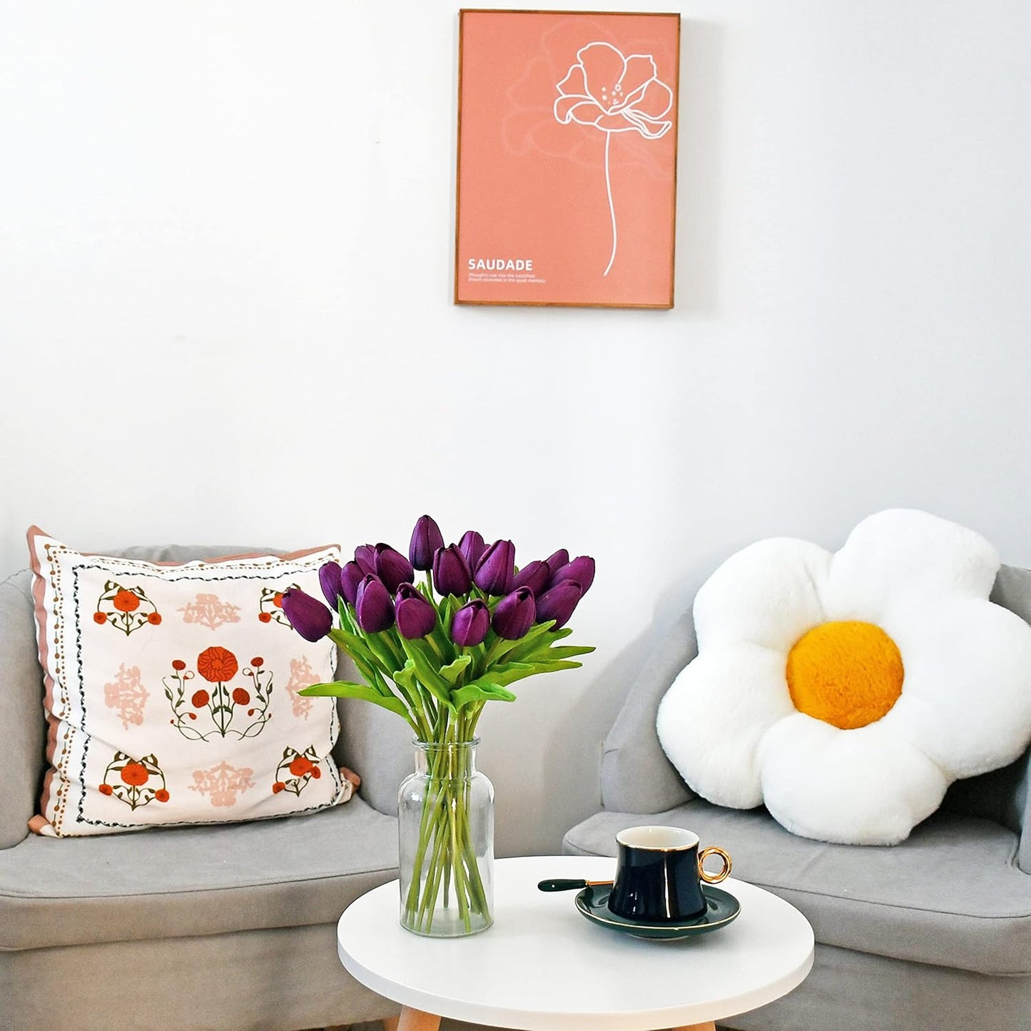 Mandy's Artificial Tulips 20 Stems Grape Purple PU Faux Flowers for Wedding Home Decor 13.5 Inch