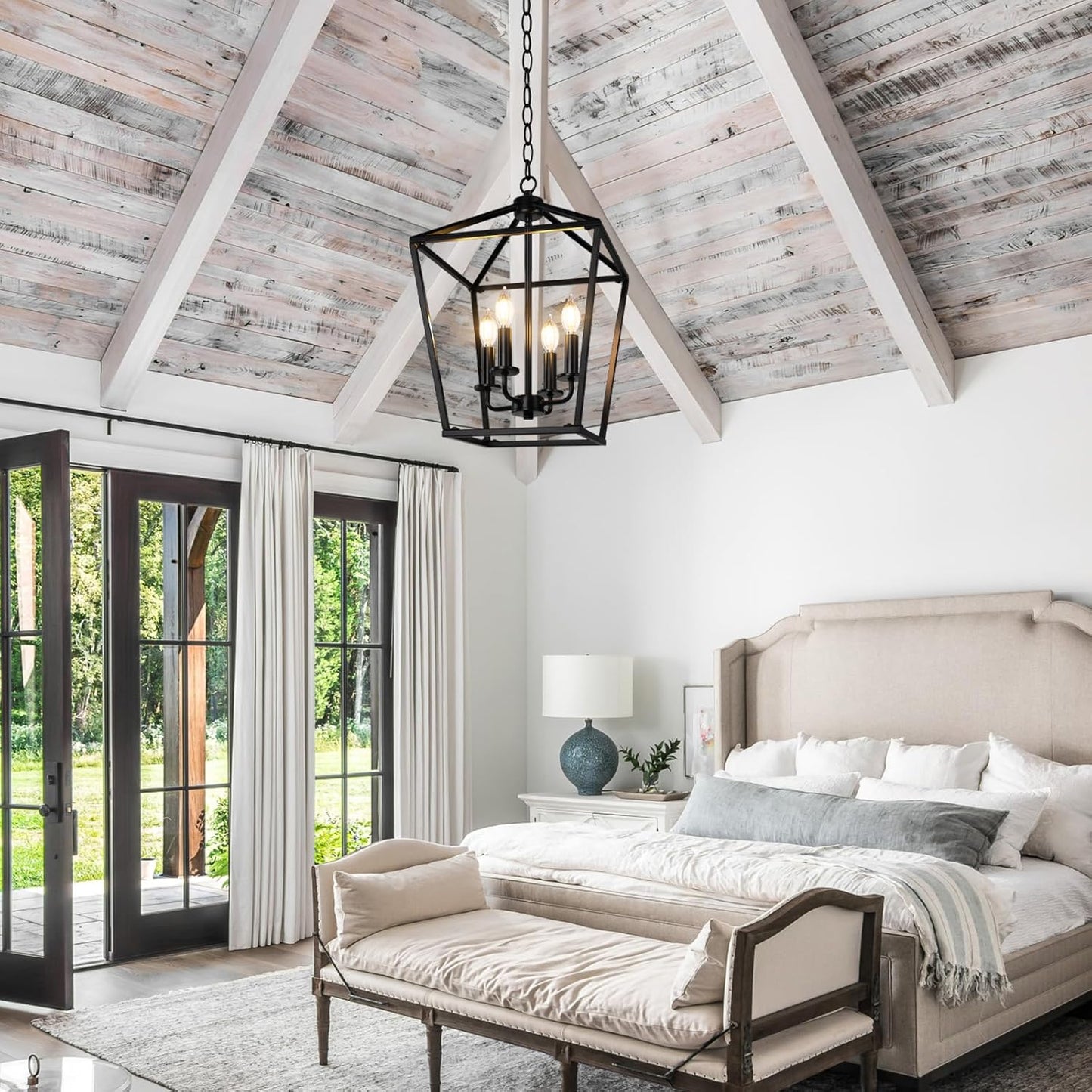 Farmhouse Chandelier 4-Light, Black Pendant Light Fixture for Kitchen Island Dining Room, Lantern Industrial Lighting Ceiling Hanging with Metal Cage Adjustable Height for Entryway Foyer