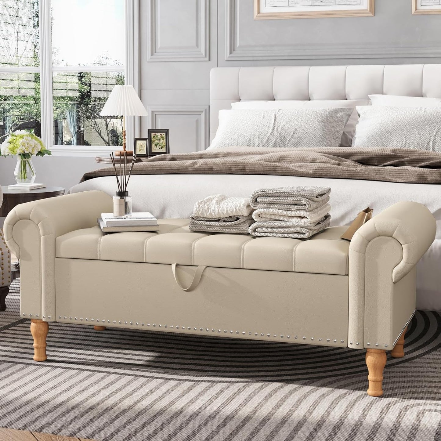 Apicizon 51”Storage Ottoman Bench, Soft Faux Leather Indoor Bench with Rolled Arm and Vintage Rivets, Large Storage Chest for Bedroom, Living Room, Entryway,Beige+Natural Legs